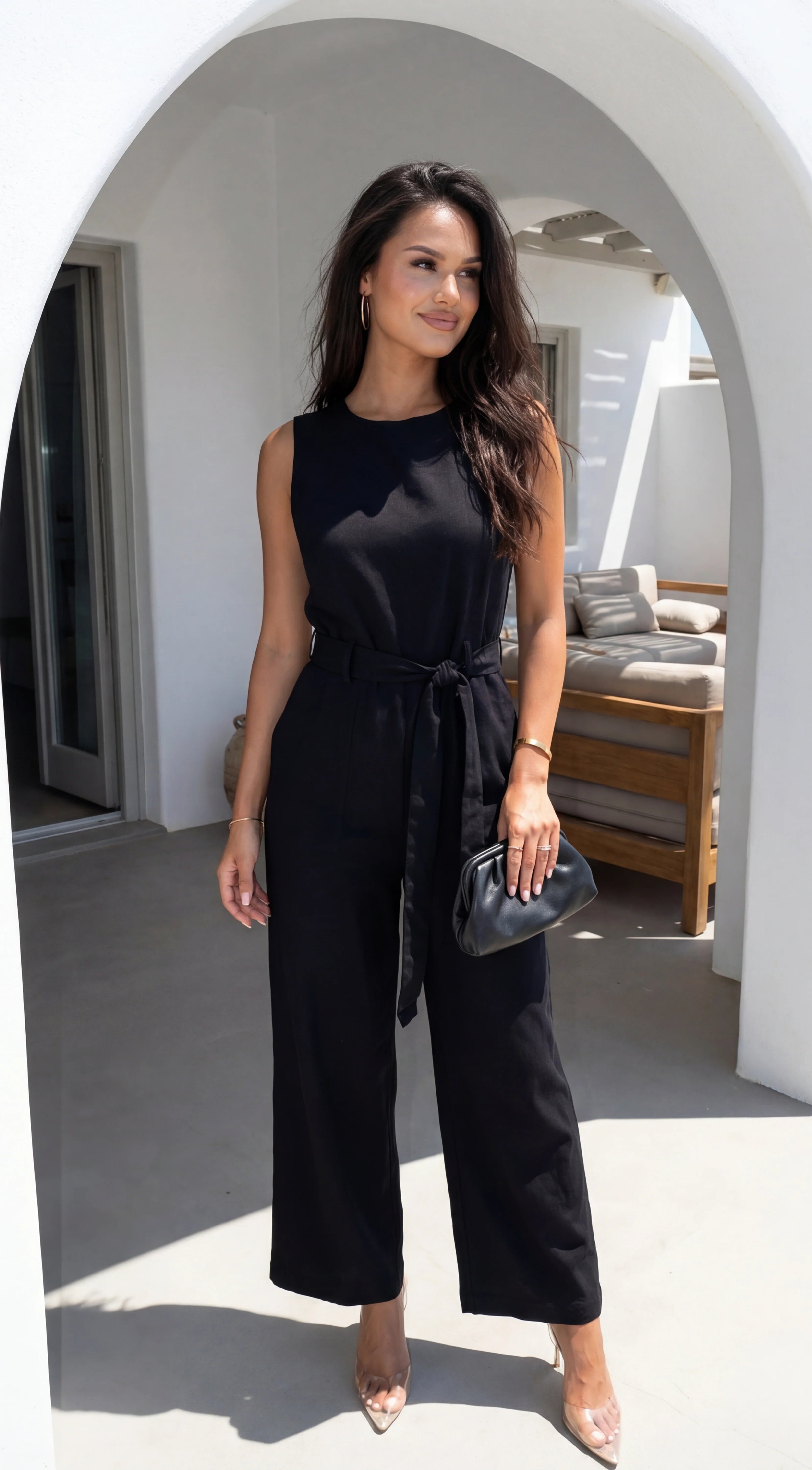 Zaylina Linen Waist Tie Jumpsuit Black