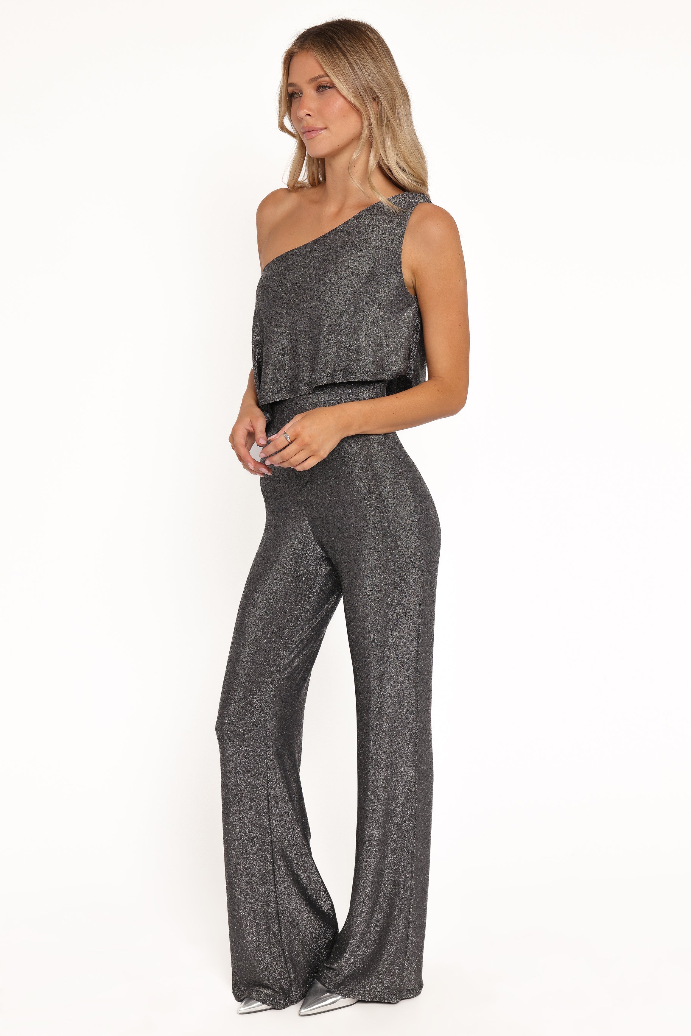Anna One Shoulder Lurex Jumpsuit Black Silver