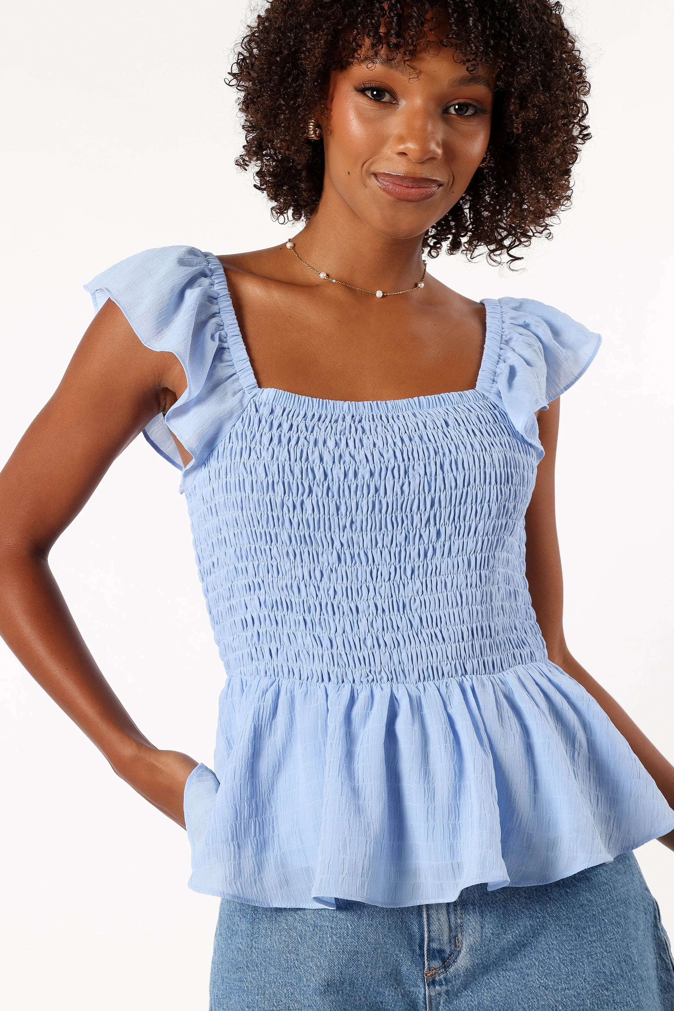 Gabie Ruffle Sleeve Top Blue