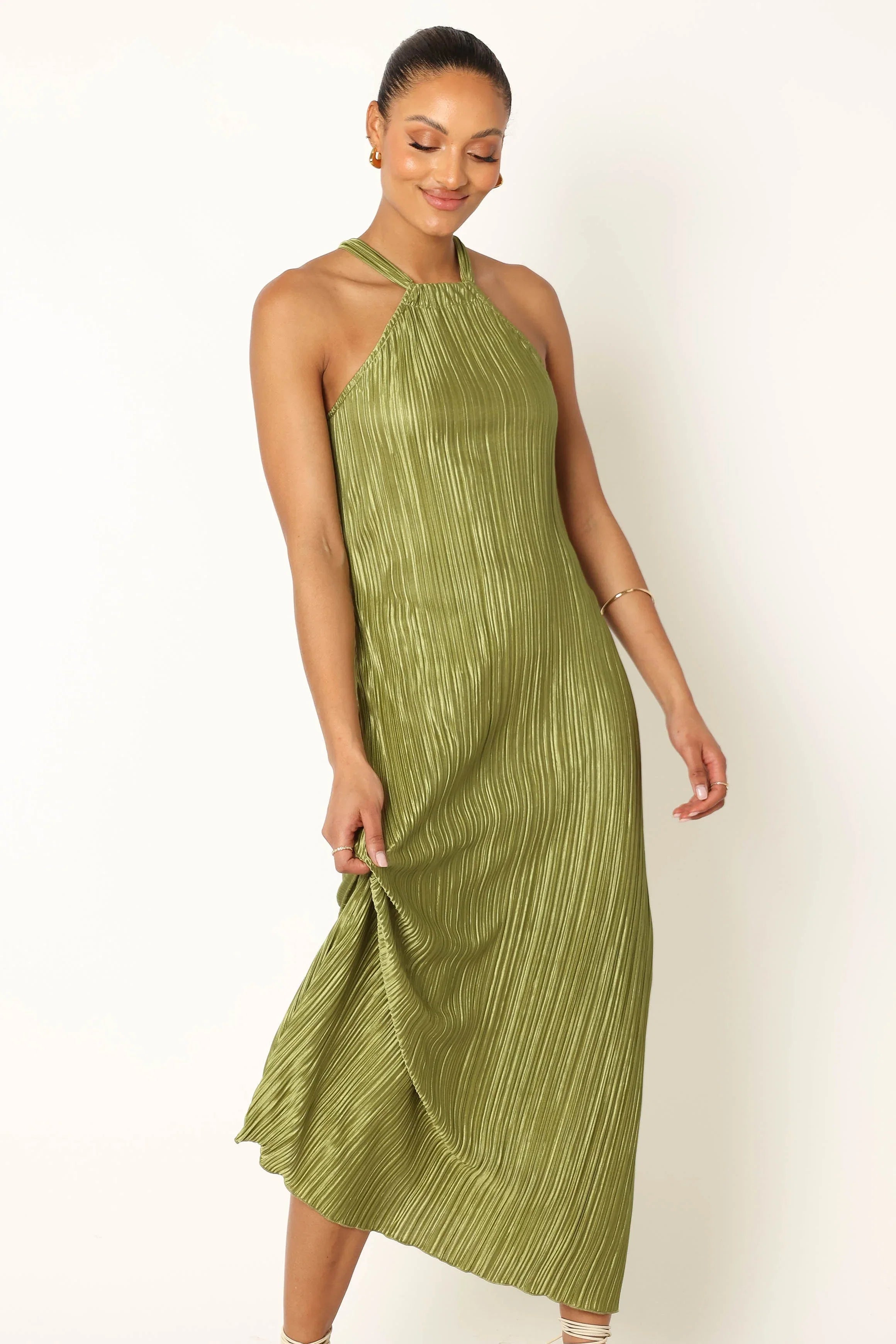 Melody Plisse Halter Maxi Dress Olive