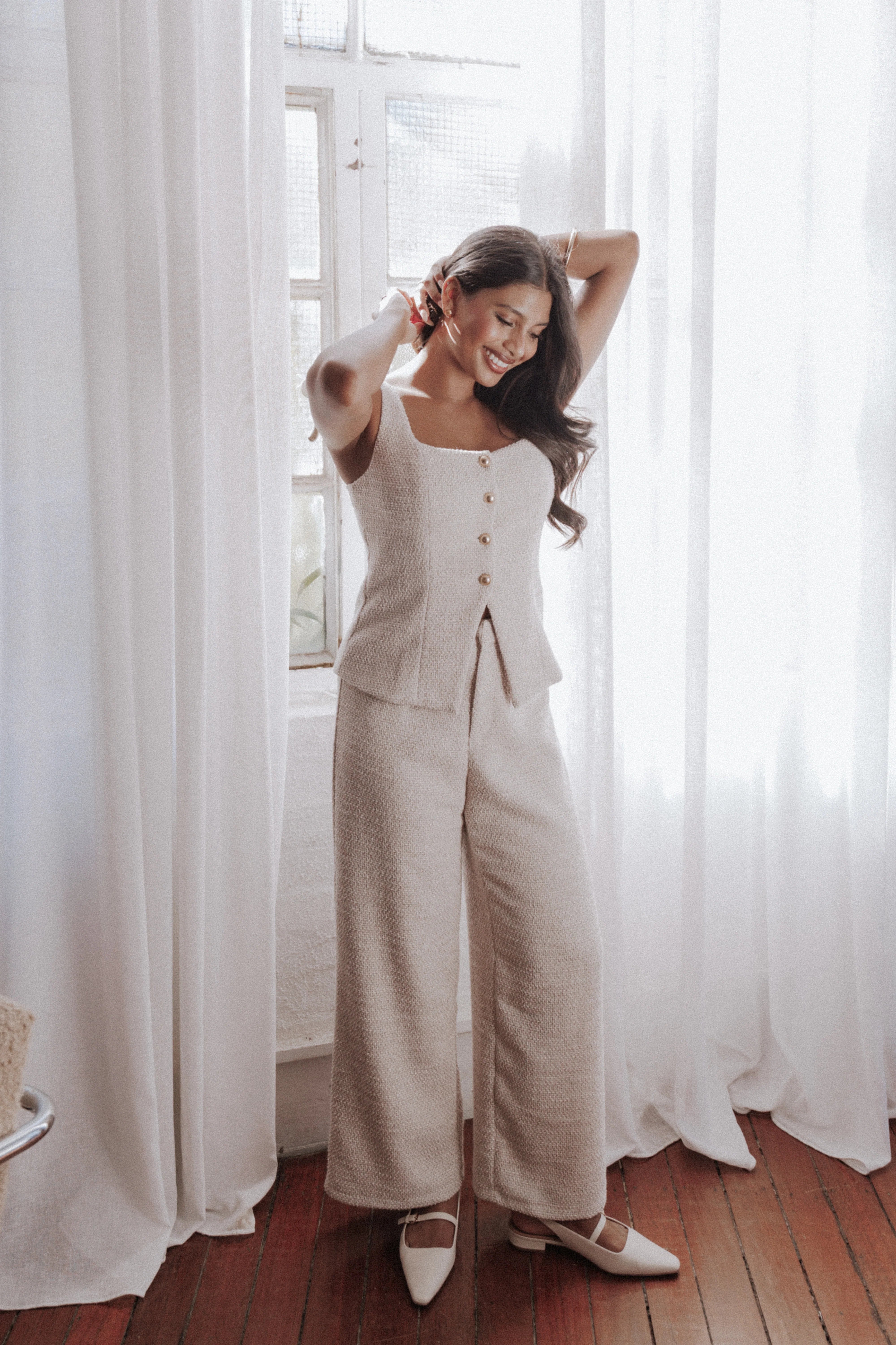 Greta Tailored Pant Set White Brown Marl