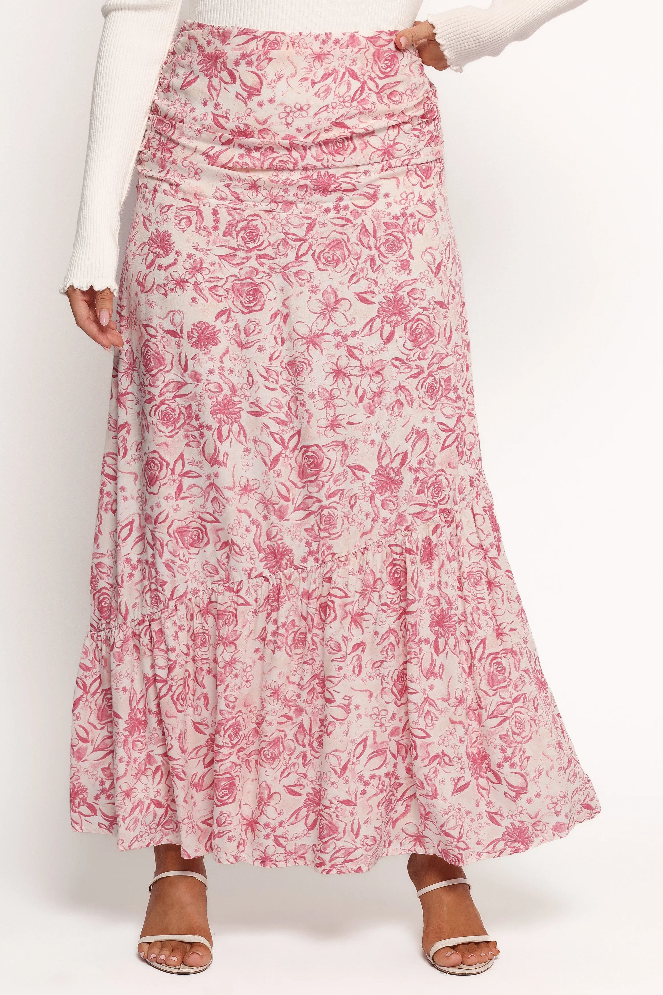 Velda Ruched Maxi Skirt Pink Floral