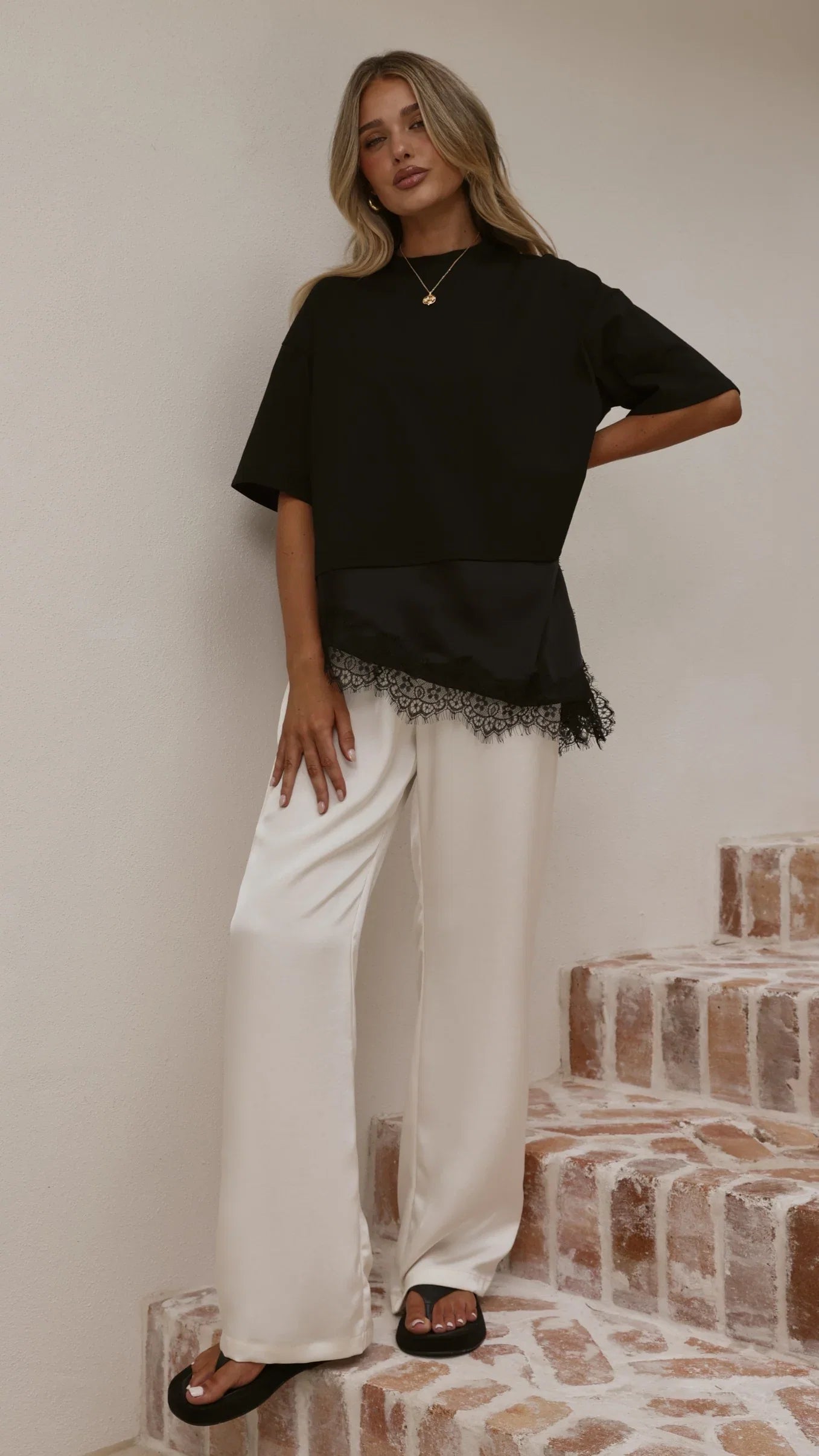 Mirandah Satin Panel T Shirt Black