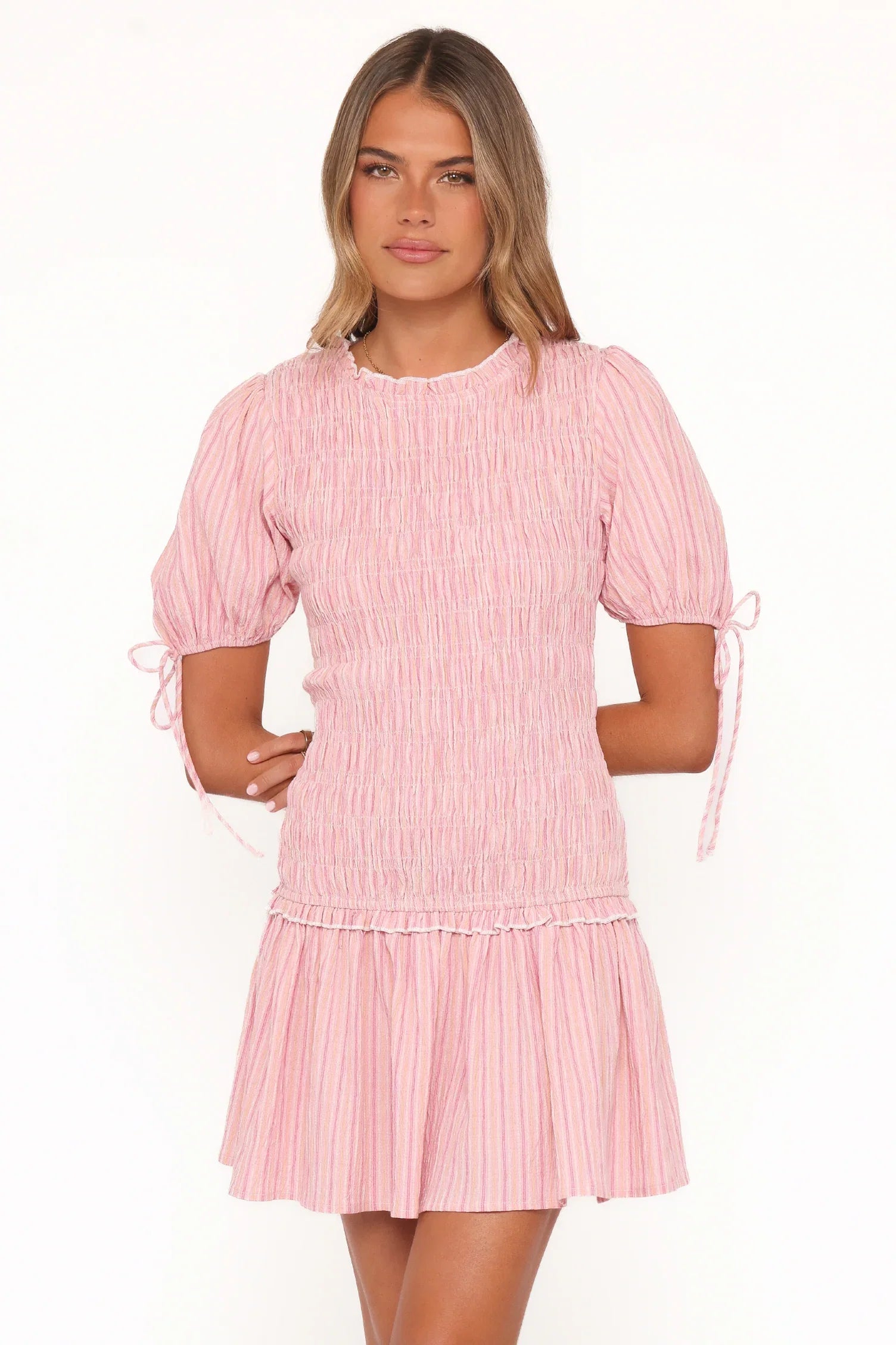 Kaelyn Gather Mini Dress Pink Stripe