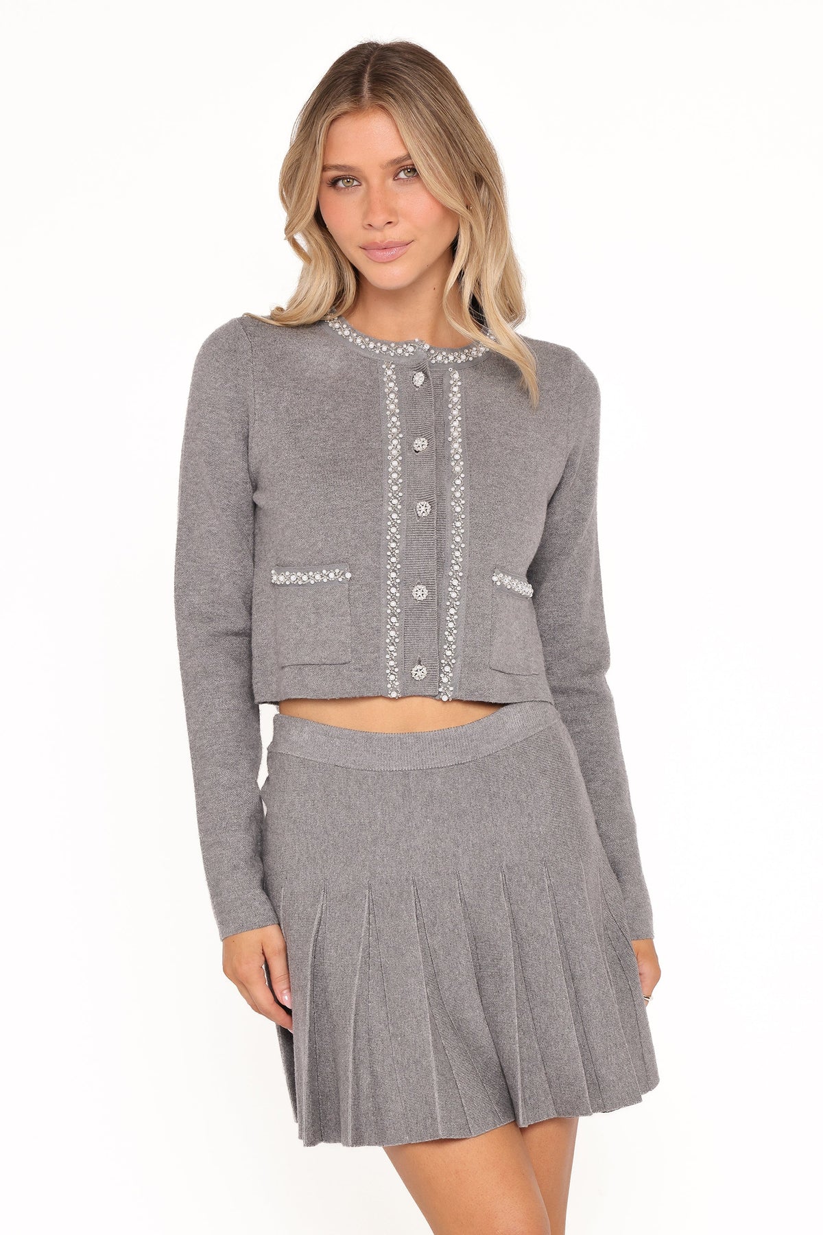 Lumi Pleated Skirt Sweater Set Grey
