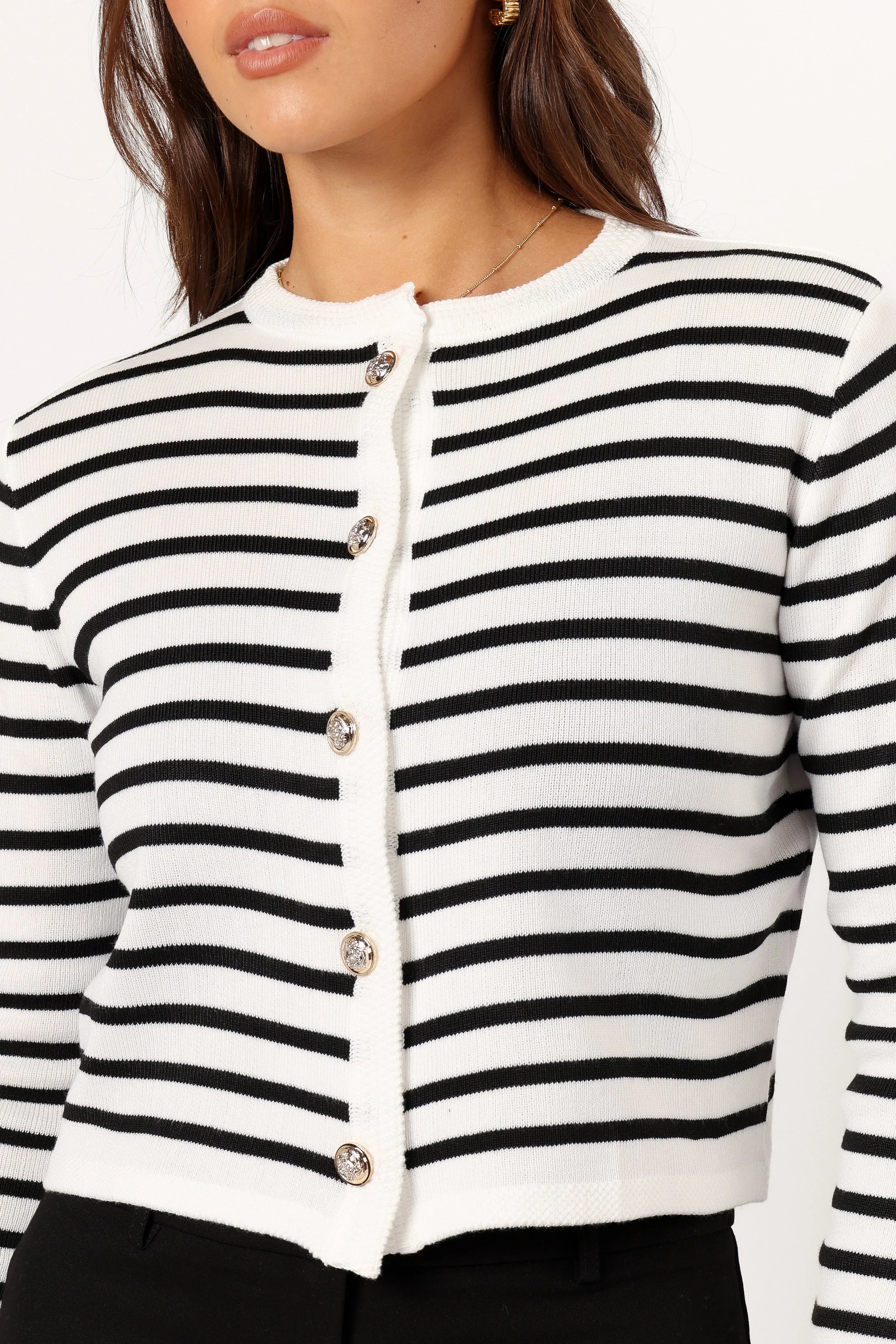Cynthia Striped Button Front Cardigan Black Cream