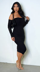 Annora Mesh Long Sleeve Ruched Midi Dress Black