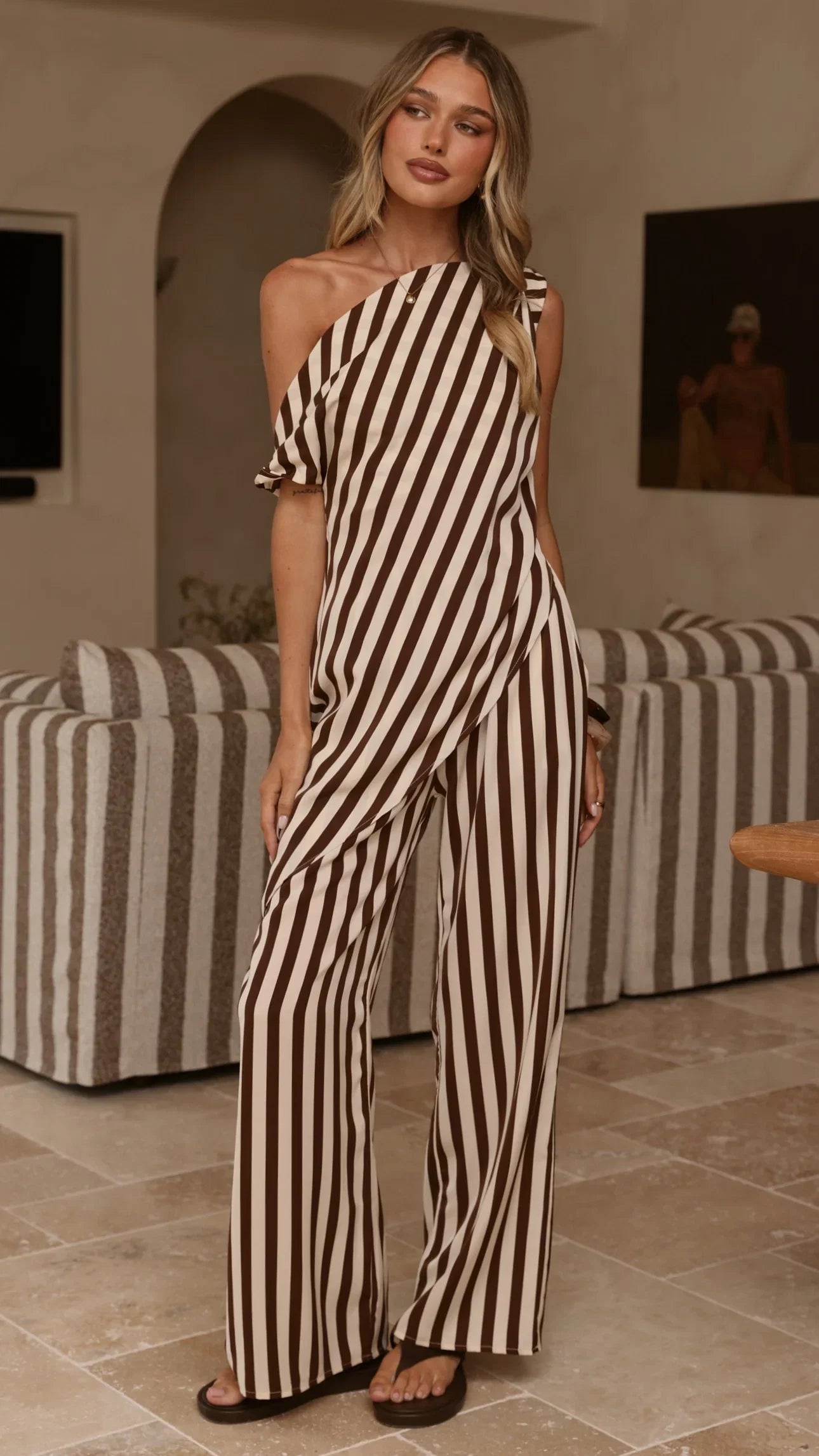 Liana Off Shoulder Top Pants Set Brown Stripe