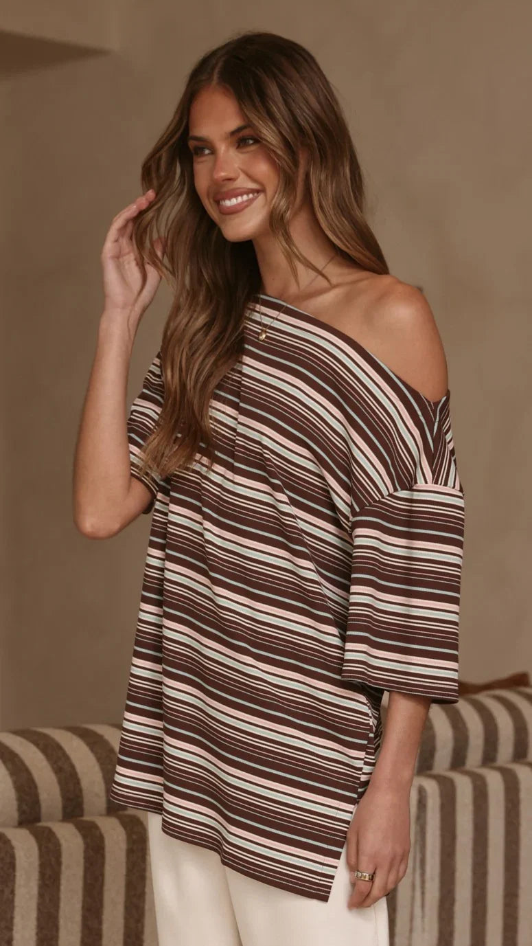 Pia One Shoulder Oversize Tee Choc Blue Stripe