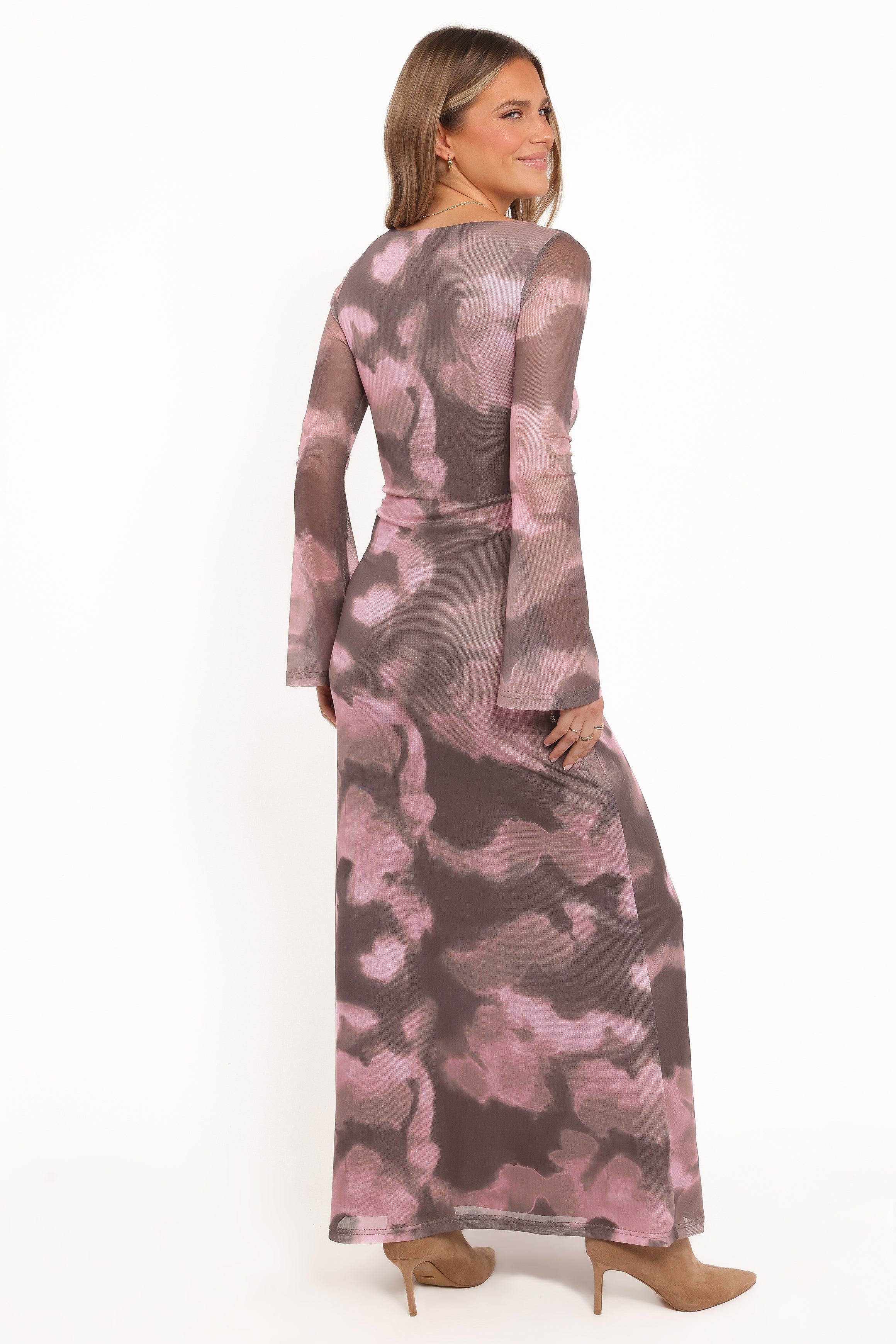 Pandora Long Sleeve Maxi Dress Pink Brown Print