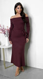 Zoya Off Shoulder Ribbed Midi Dress Brown