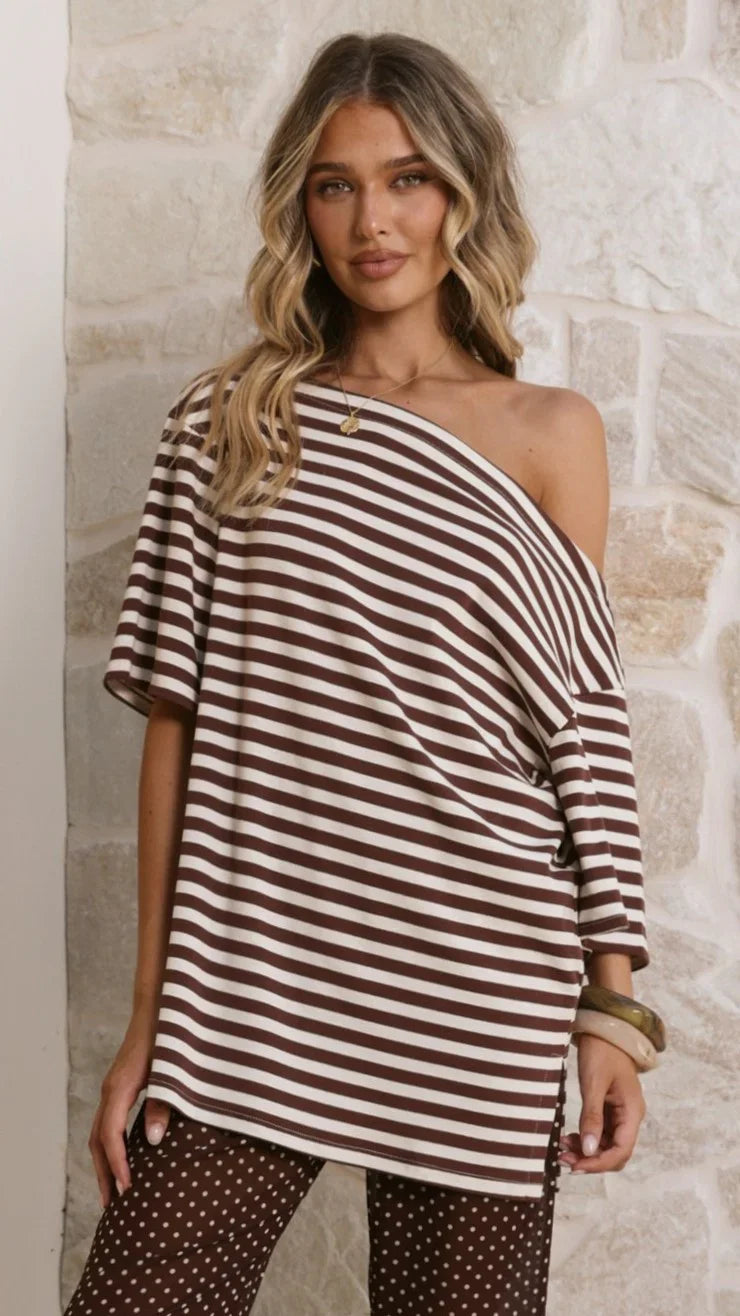 Pia One Shoulder Oversize Tee Choc White Stripe