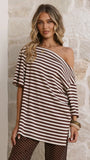 Pia One Shoulder Oversize Tee Choc White Stripe