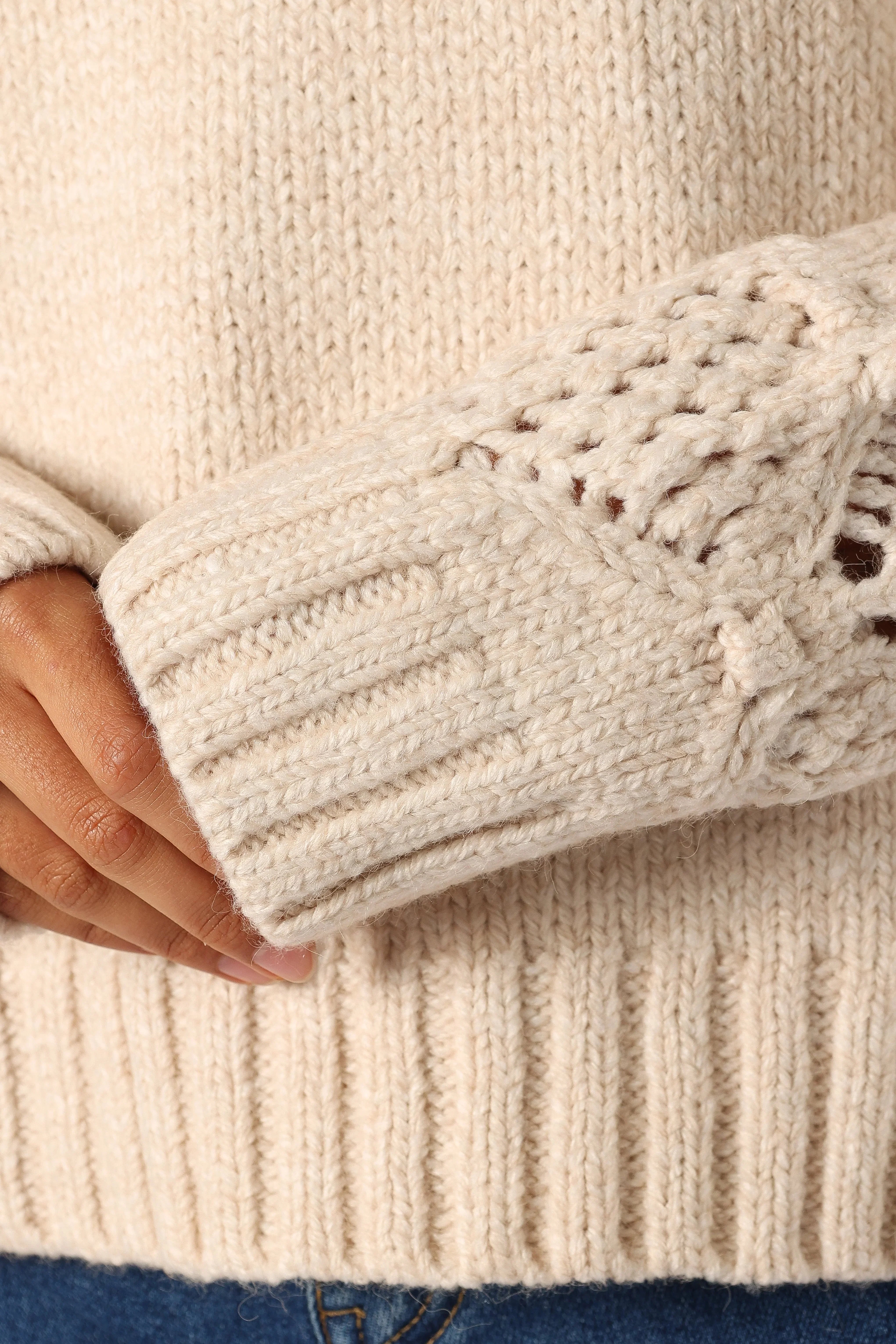 Rebekah Crochet Sleeve Knit Sweater Cream