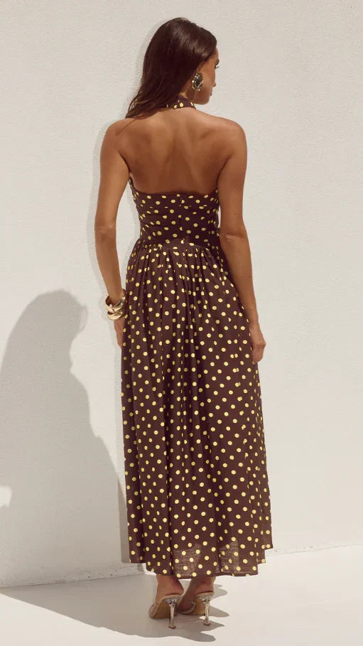 Sammi Halter Midi Dress Choc Lemon Polka