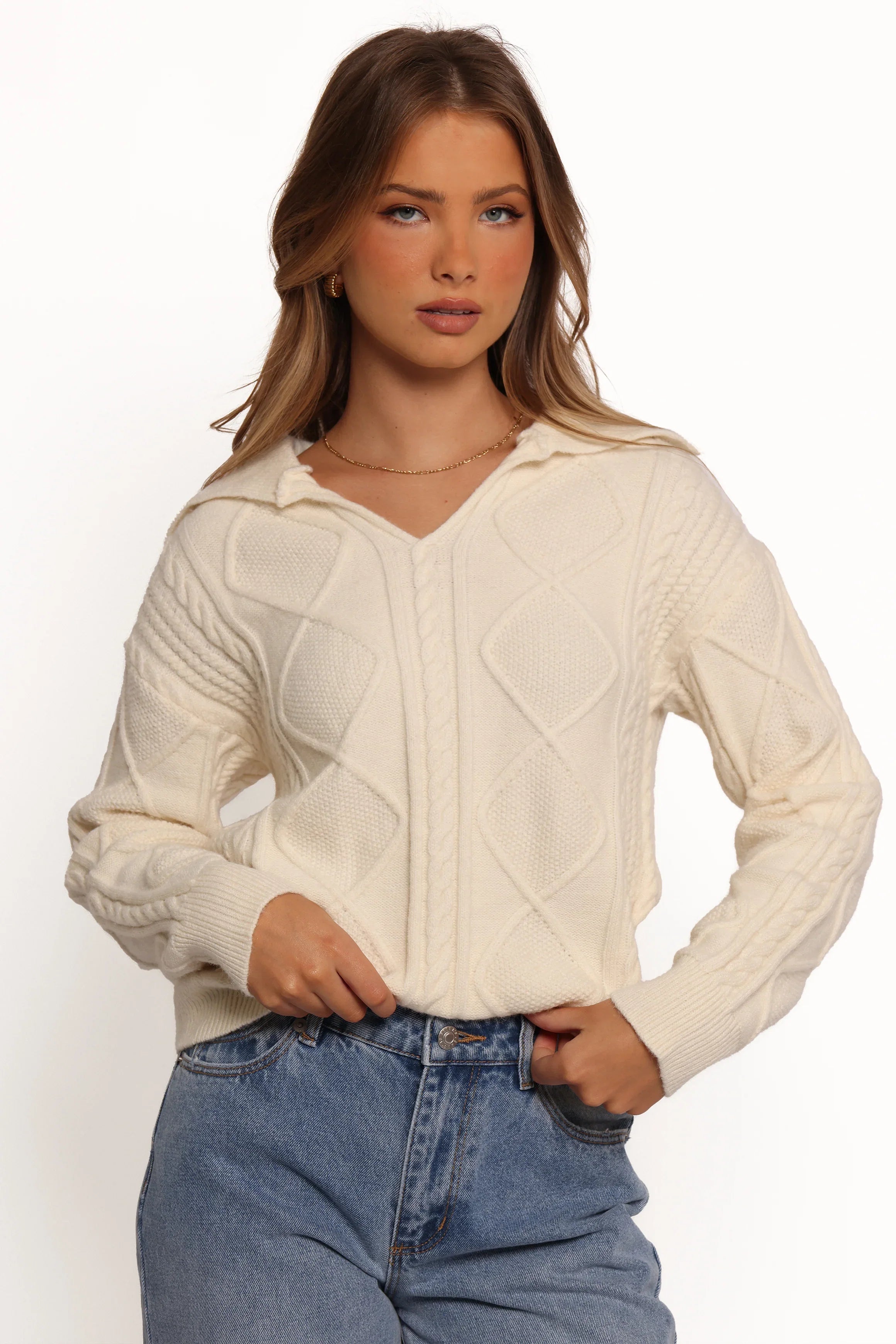 Robbie Collar Neck Cable Knit Sweater Cream