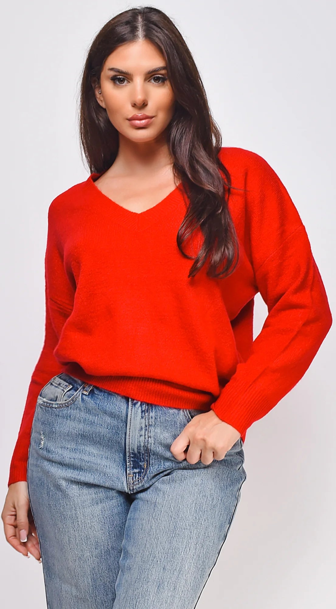 Remy V Neck Drop Shoulder Sweater Top Red