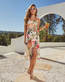 Citrus Bloom Printed Wrap Tie Midi Dress