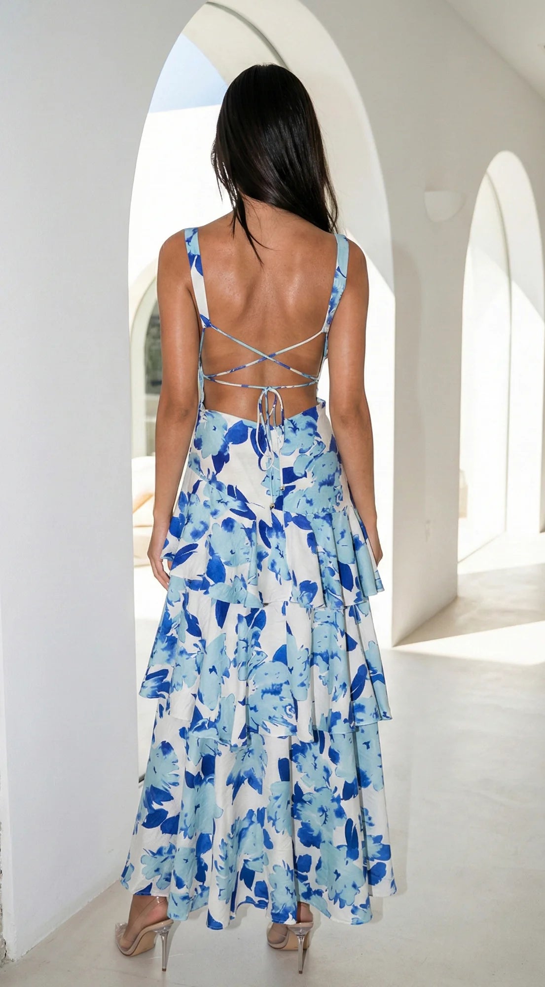 Aurelisse Floral Ruffled Maxi Dress Floral Blue