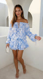 Bahama Floral Off Shoulder Ruffle Mini Dress Blue