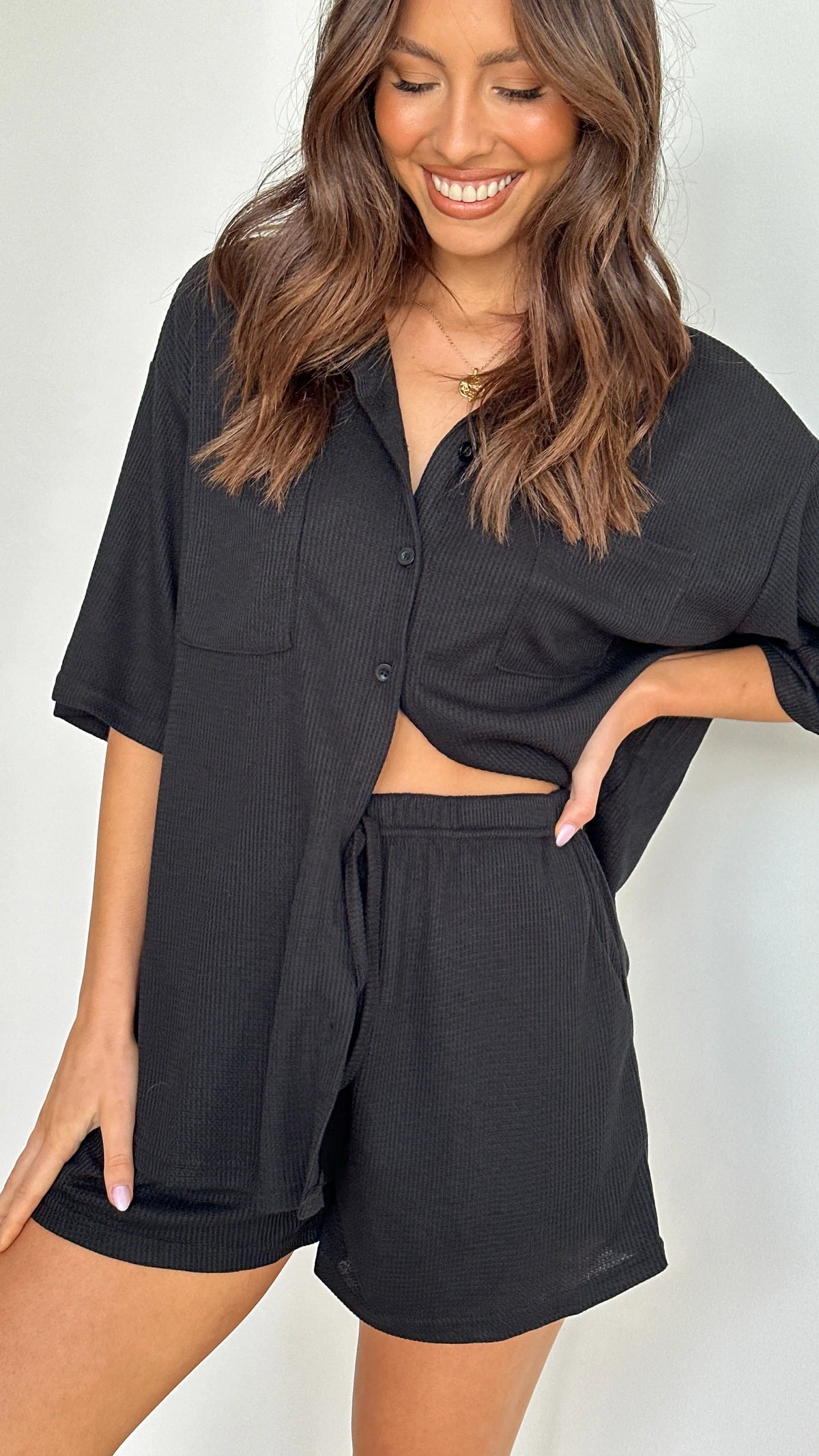 Machiko Button Up Shirt and Shorts Set Black Waffle Knit