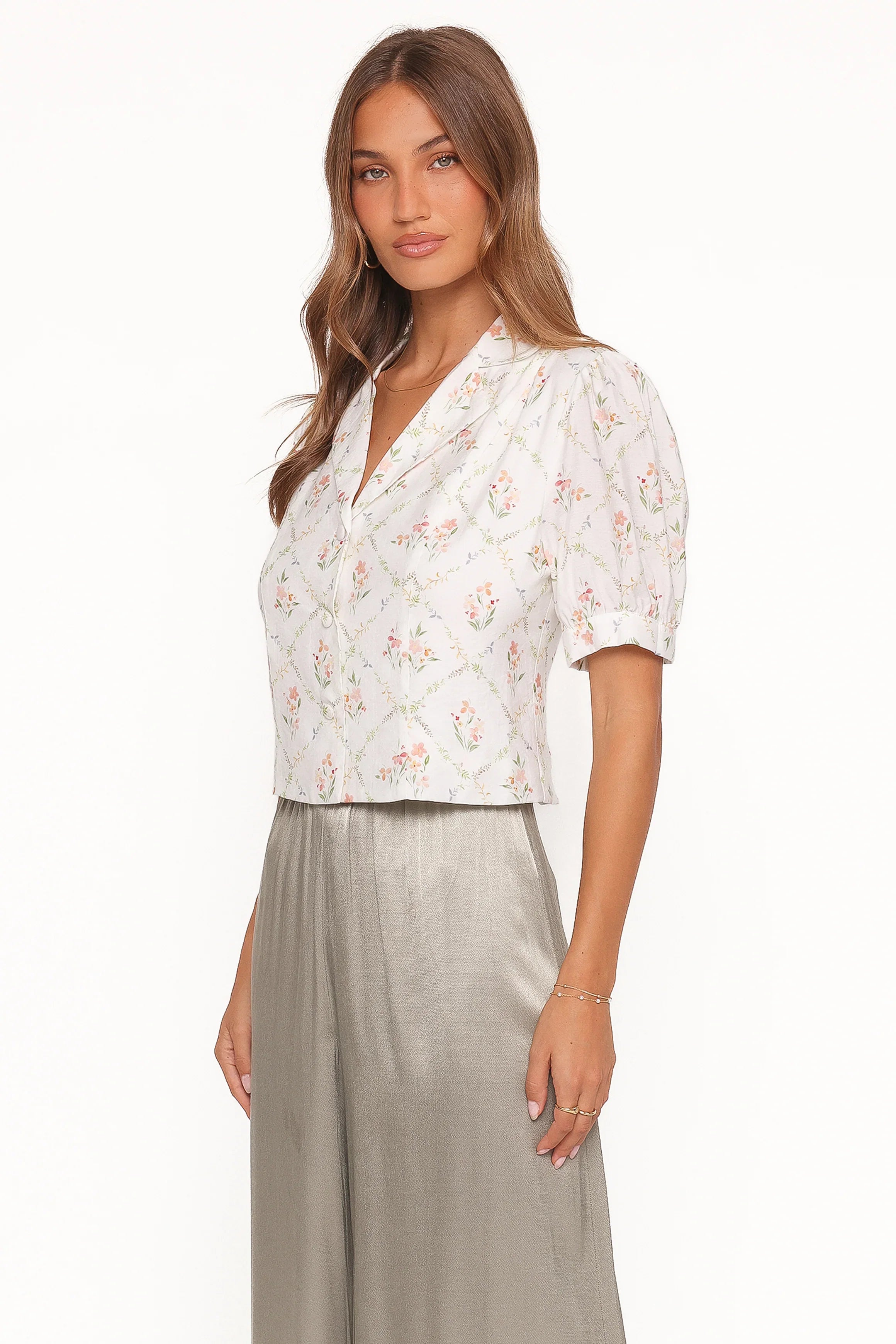 Steele Button Front Top White Vintage Floral