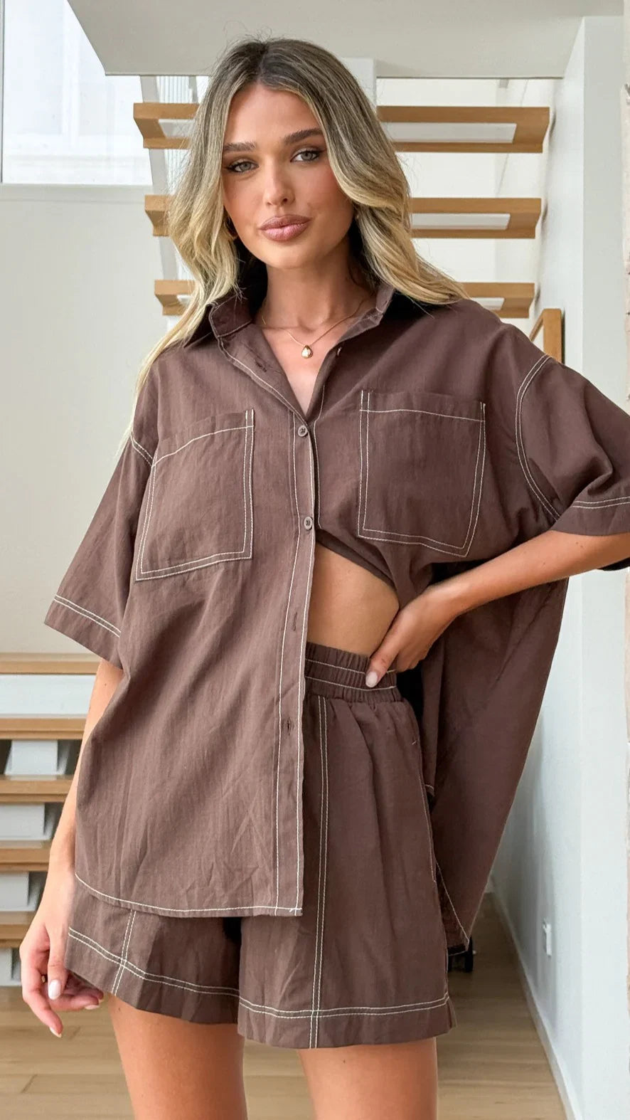 Sarafina Button Up Shirt and Shorts Set Chocolate