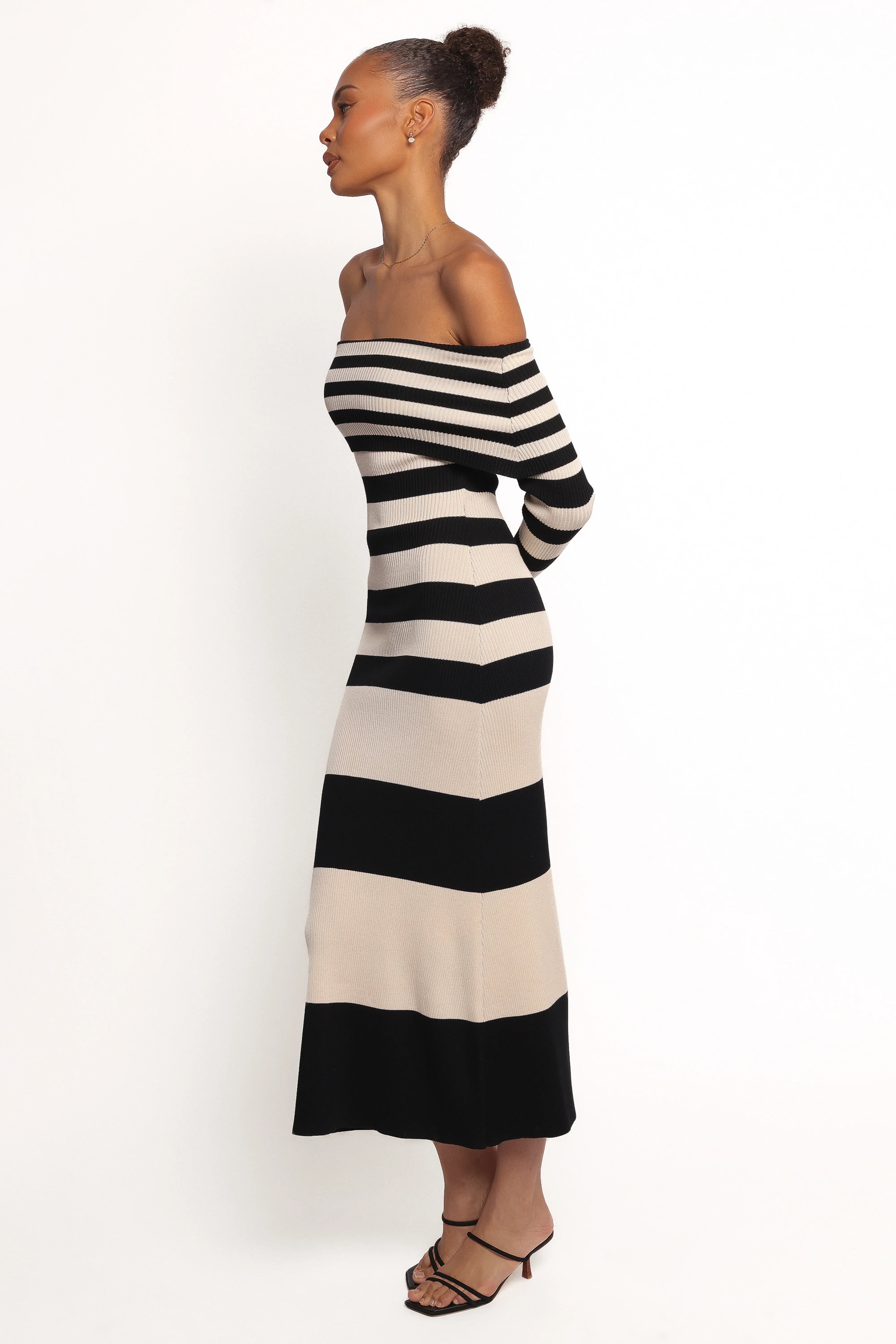Banks Off Shoulder Knit Dress Black Cream Stripe