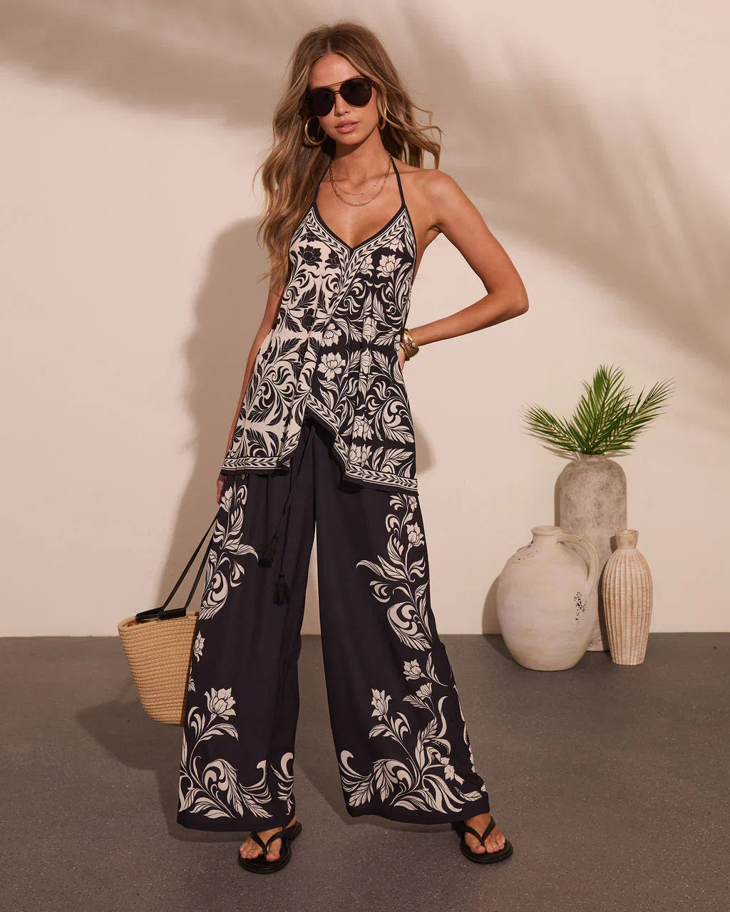 Korinna Floral Print Drawstring Wide Leg Pants
