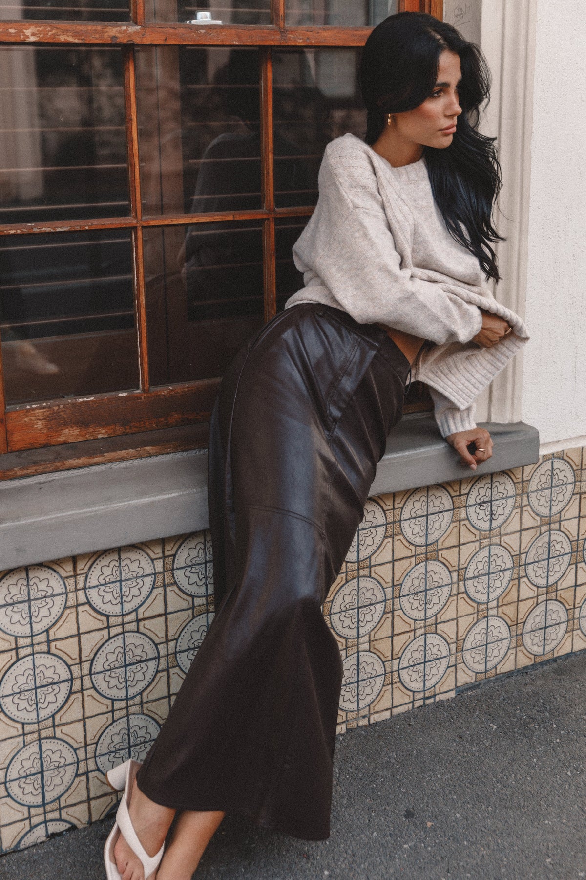 Jade Vegan Leather Column Skirt Black