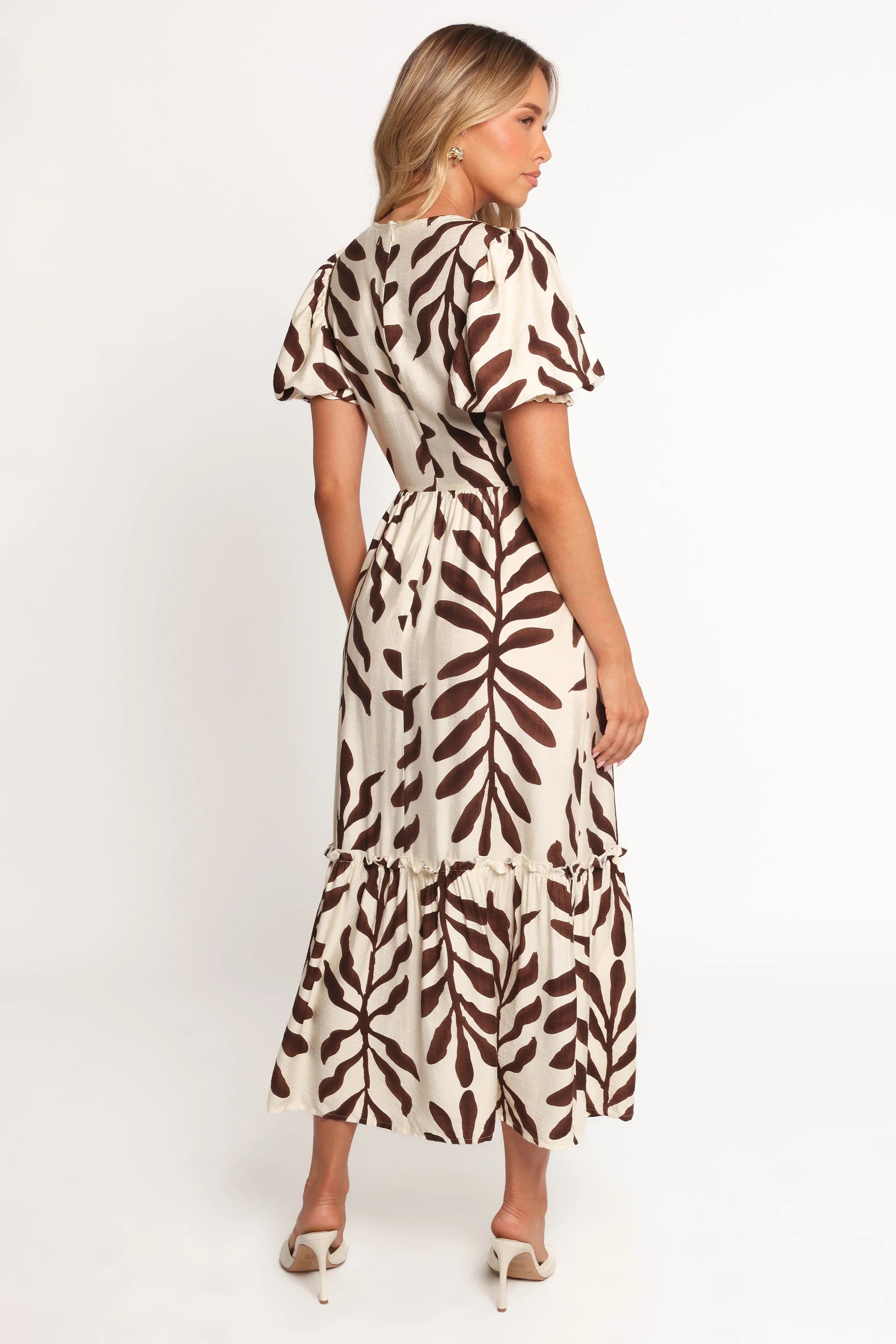 Steele Puff Sleeve Midi Dress Brown Palm