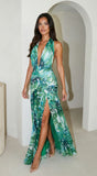Capri Halter Tropical Print Maxi Dress Aqua Green