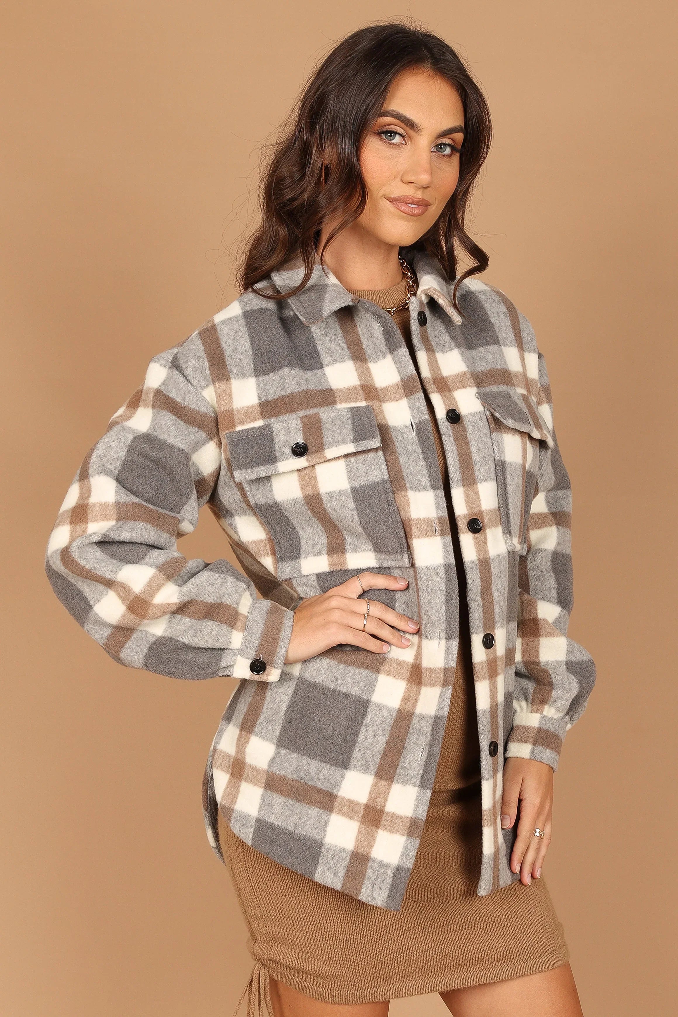Alex Double Breasted Pocket Shacket Grey Check