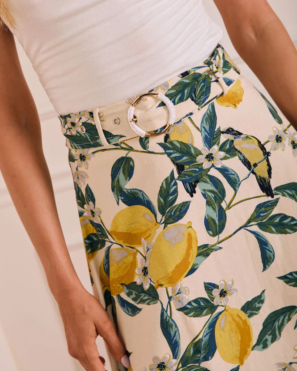 Sunlit Grove Lemon Print Midi Skirt