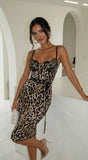 Amber Leopard Print Midi Dress with Lace Trim Brown