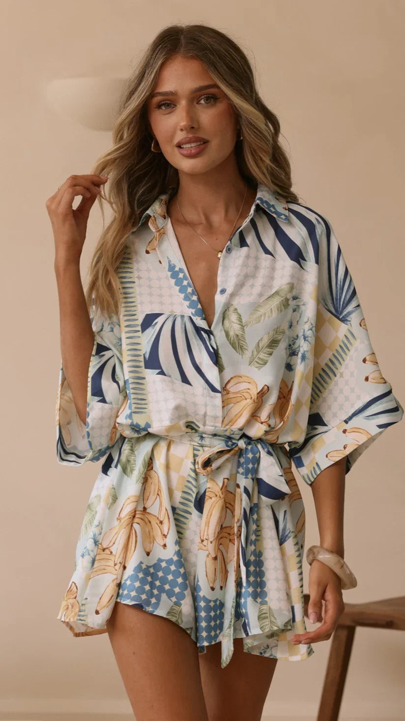 Farrah Playsuit Blue Yellow Print