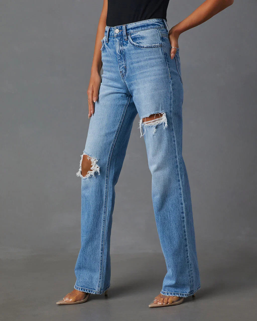 Sequoia Stretch High Rise Straight Leg Distressed Jeans