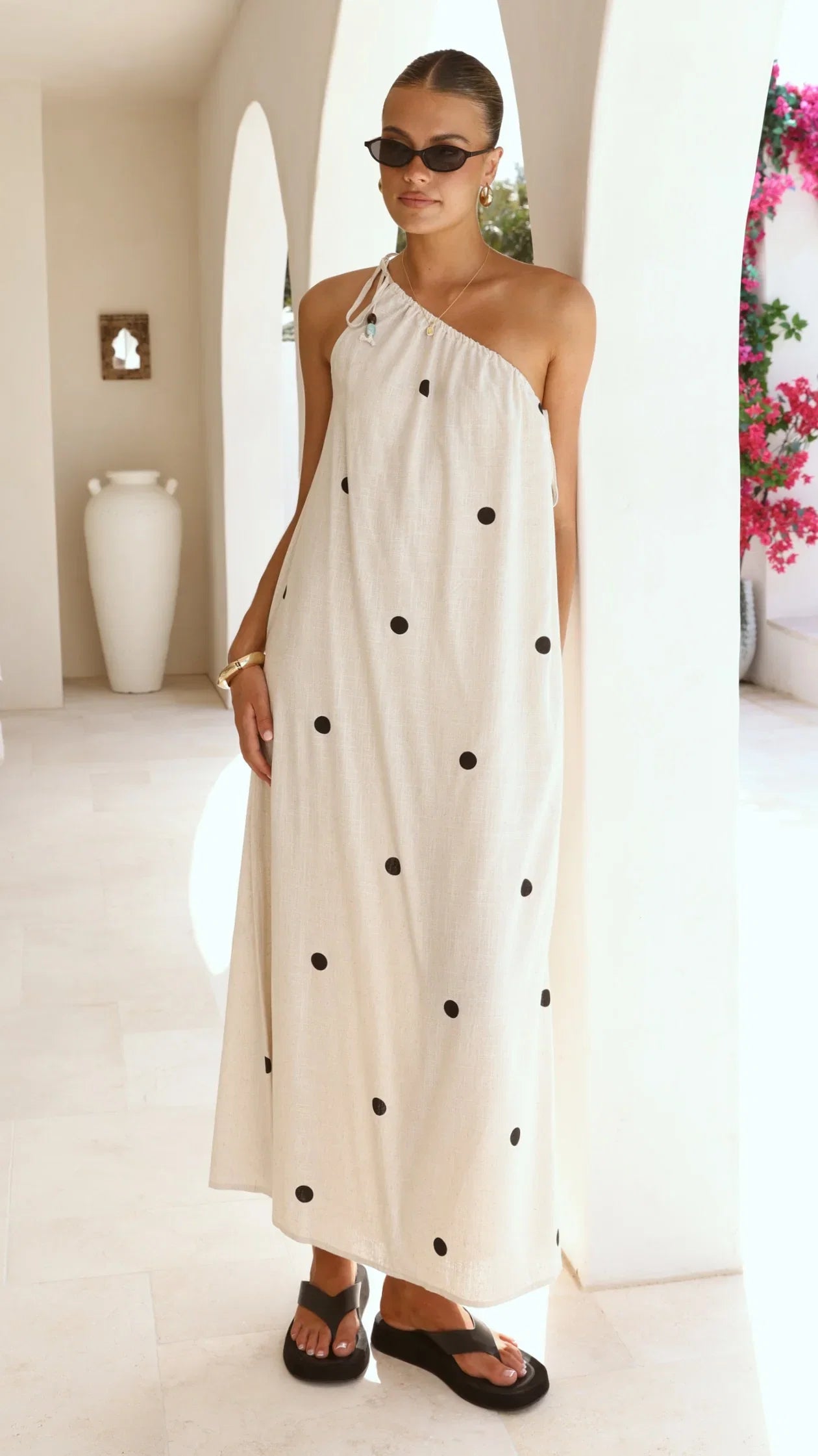 Nasira One Shoulder Maxi Dress Oat Black Polka Dot