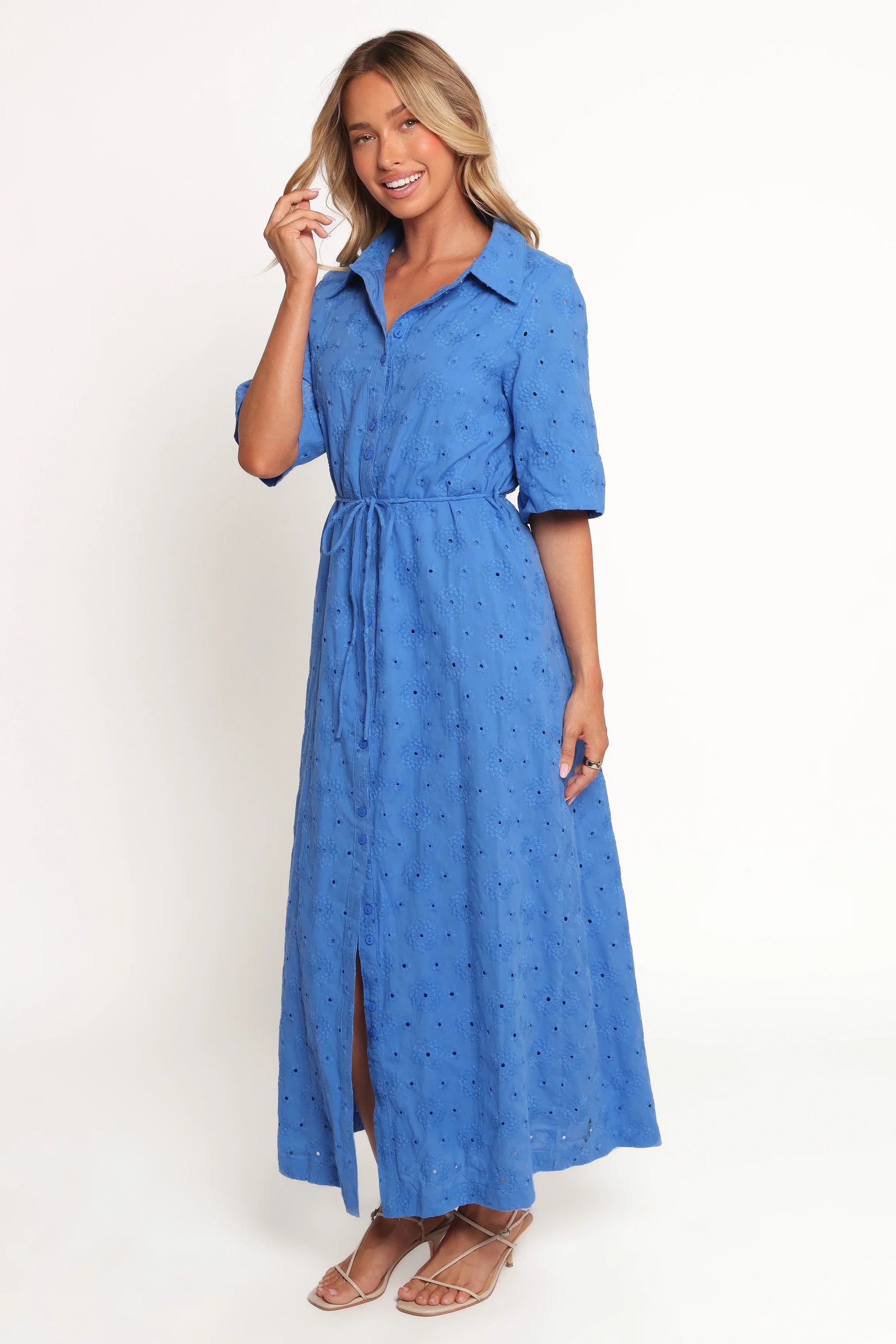 Cooper Embroidered Button Through Midi Dress Cobalt