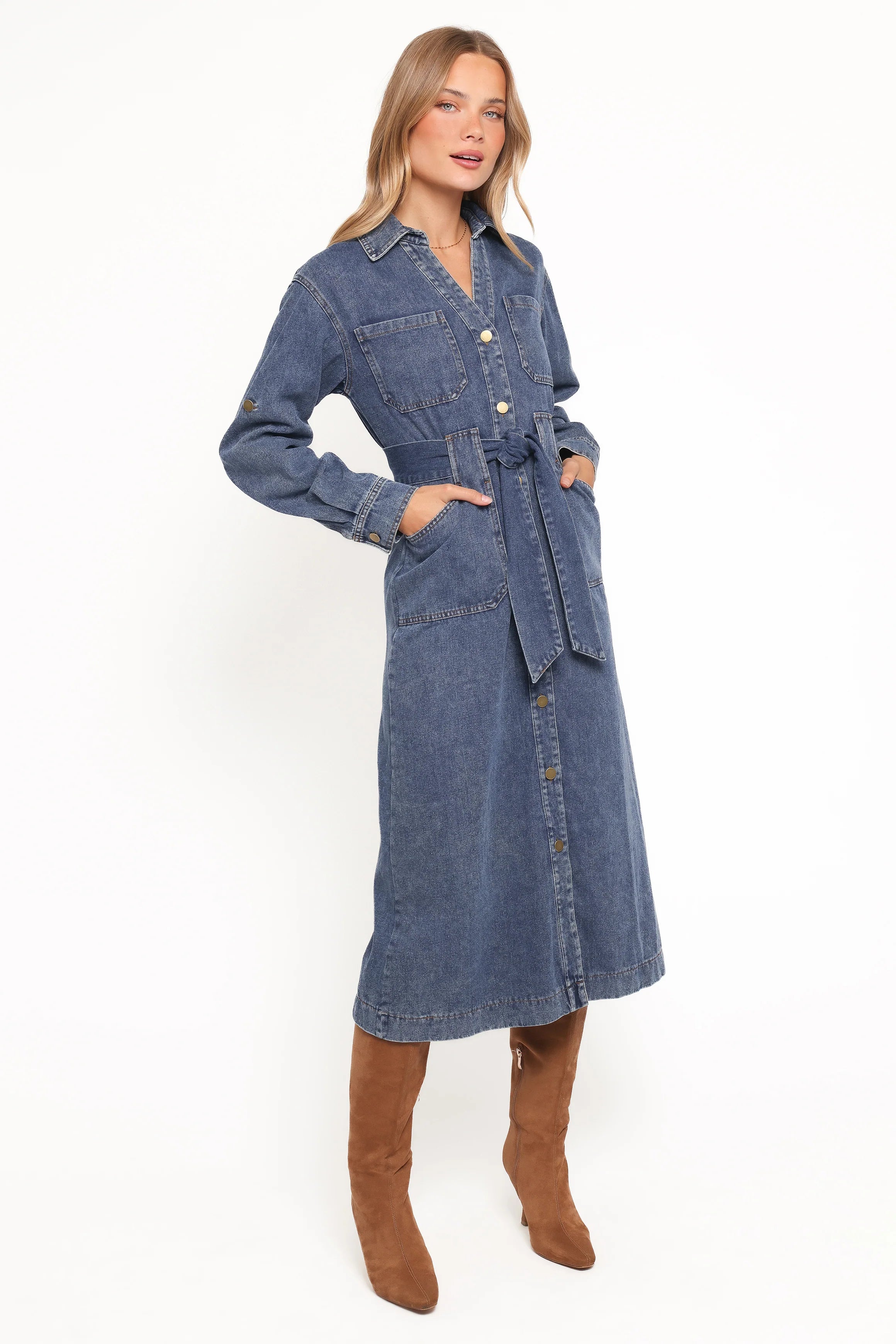 Ballina Long Sleeve Midi Dress Blue Denim