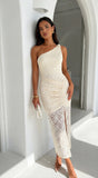 Solvèra Lace One Shoulder Midi Dress Pale Yellow