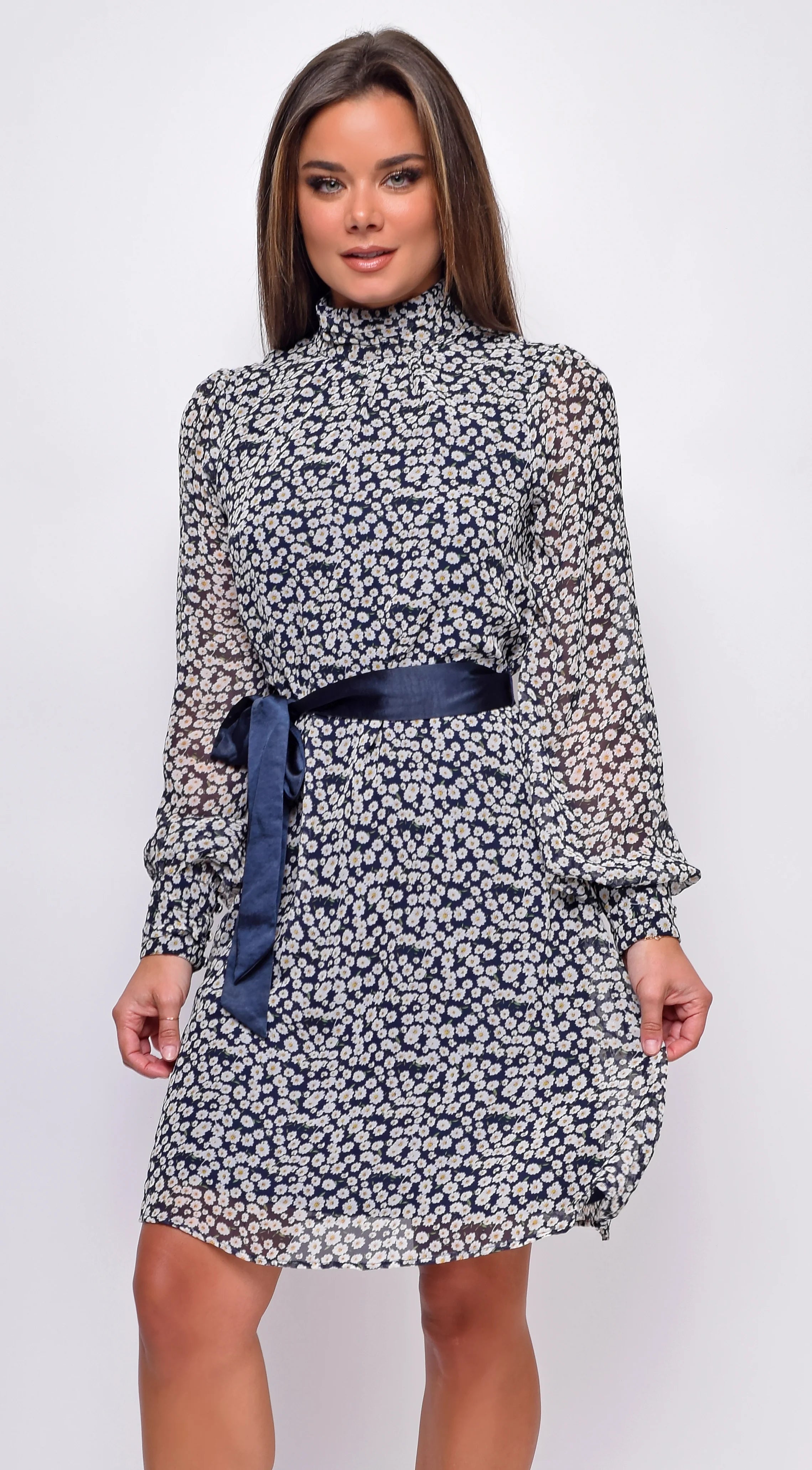 Sensation White Navy Floral Mock Neck Waist Tie Mini Dress