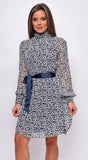 Sensation White Navy Floral Mock Neck Waist Tie Mini Dress