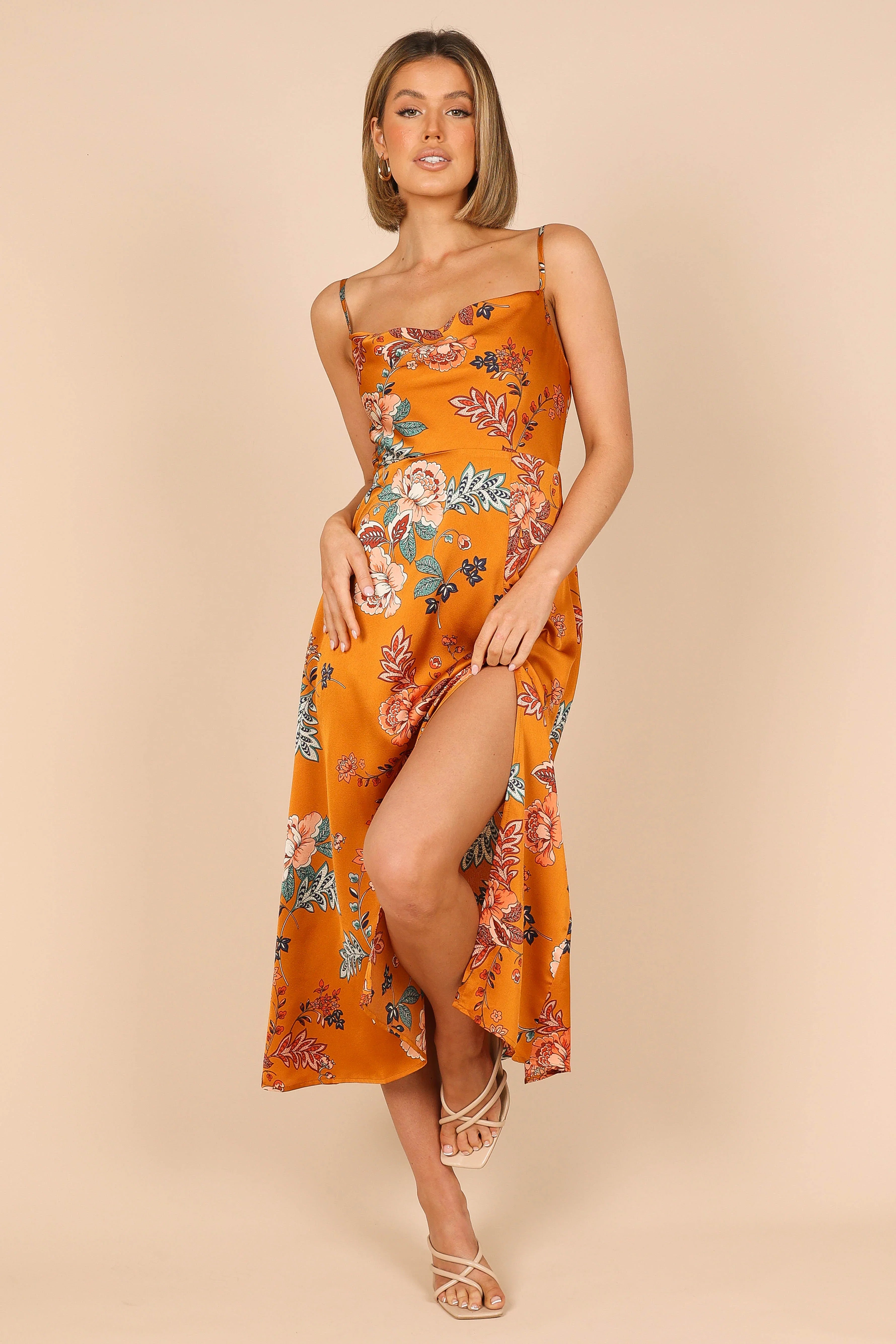 Alejandra Cowl Neck Midi Dress Tan