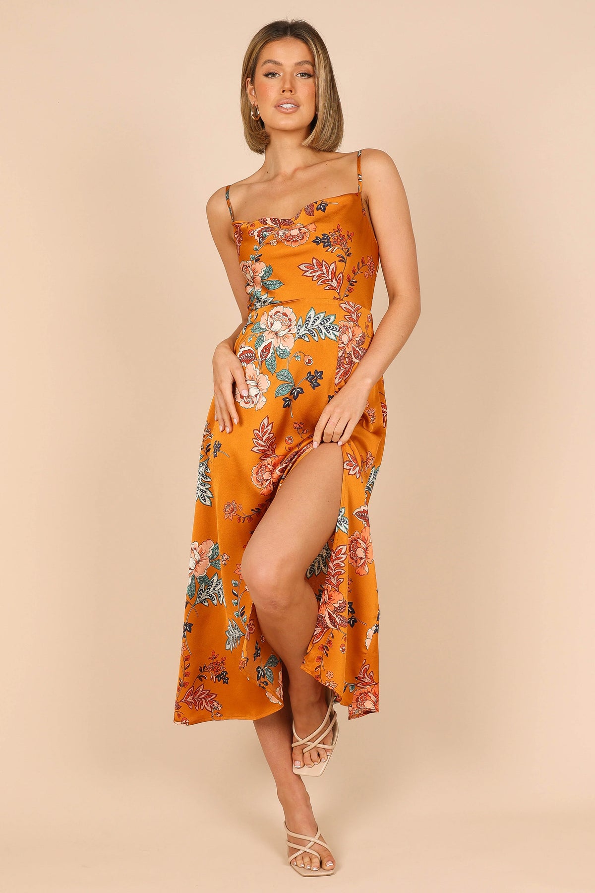 Alejandra Cowl Neck Midi Dress Tan