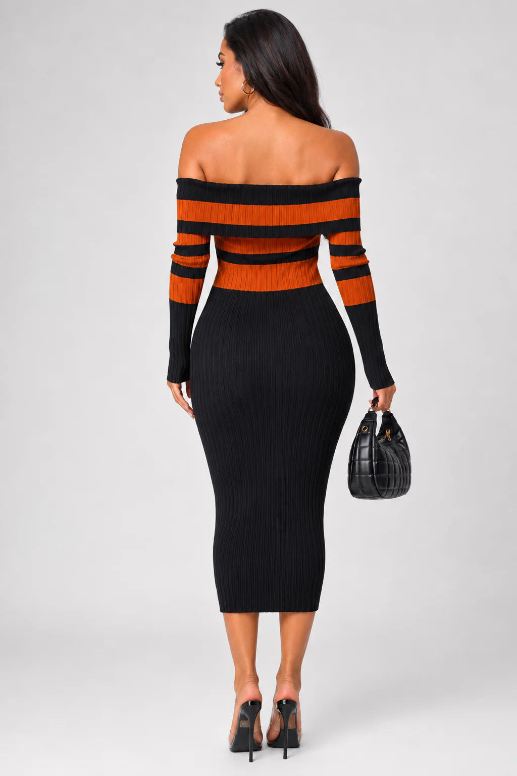 Robyn Stripe Ribbed Off Shoulder Midi Dress Black