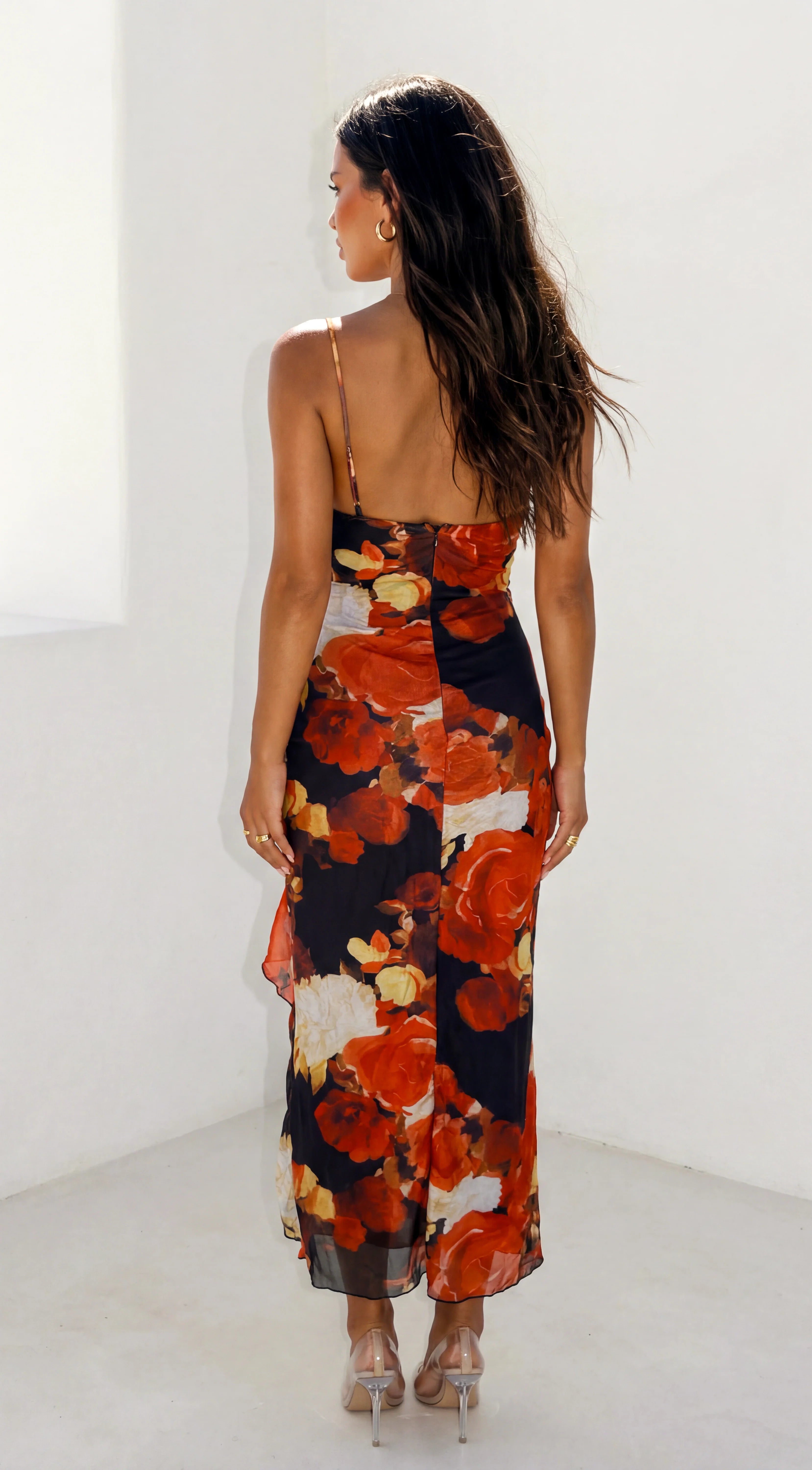 Velorosa Floral Ruffle Midi Dress Black Multi