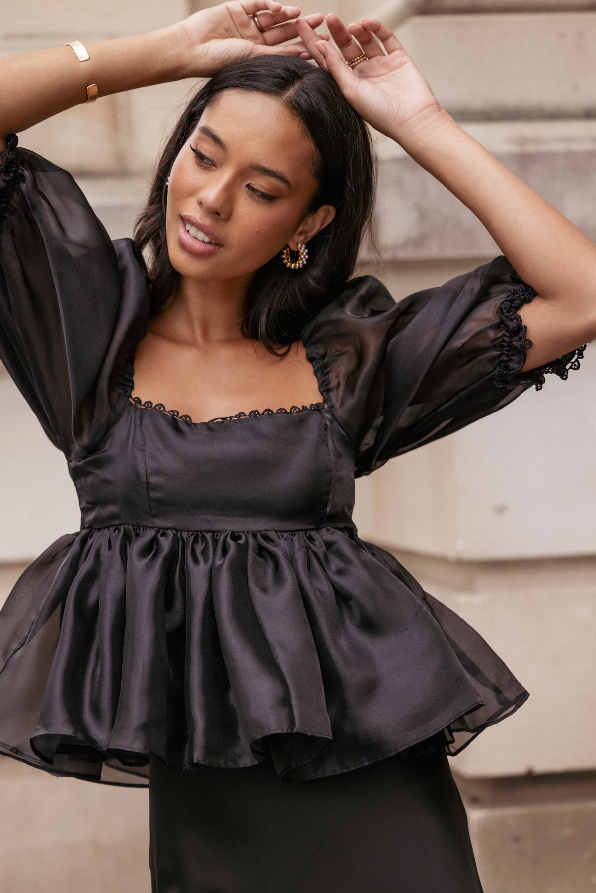 Solenne Puff Sleeve Peplum Organza Top Black