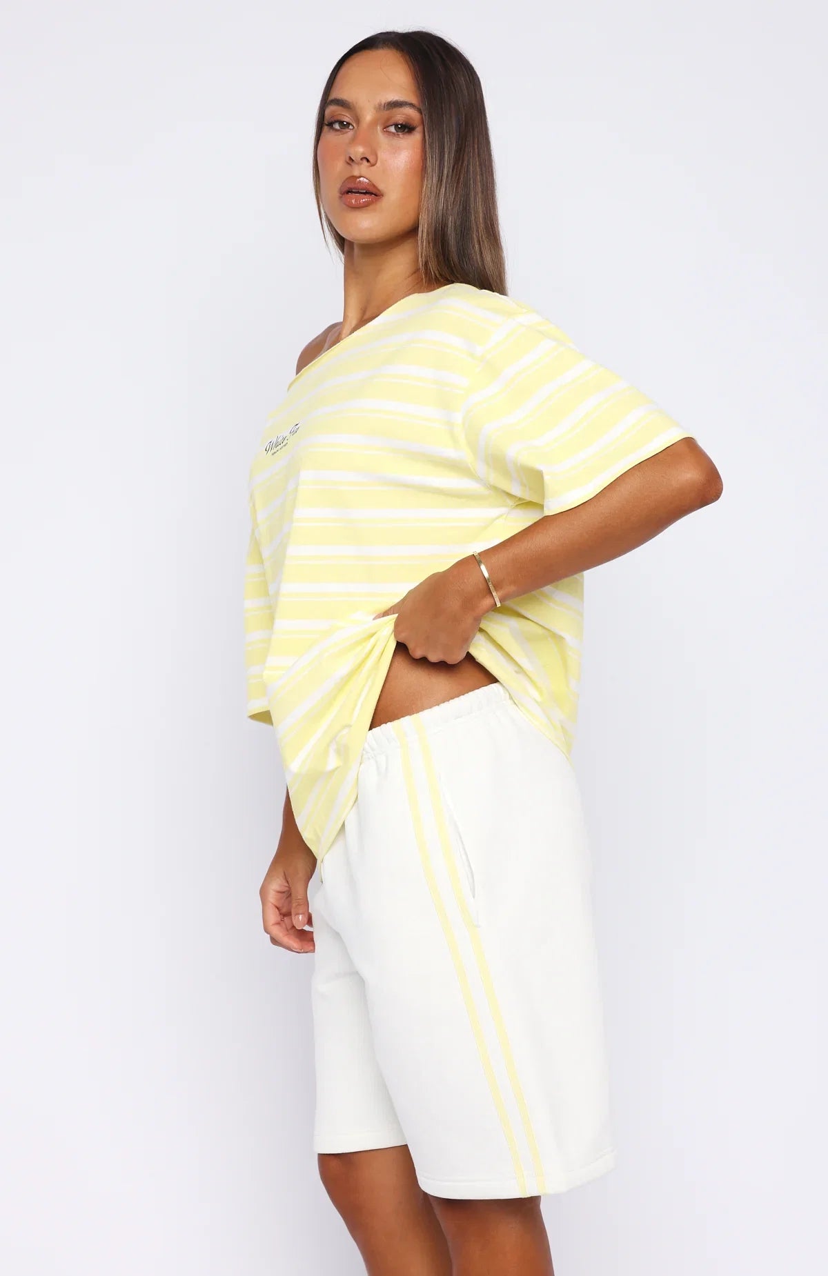 Verano Sixteen Magnolia Off Shoulder Oversized Tee Lemon White Stripe