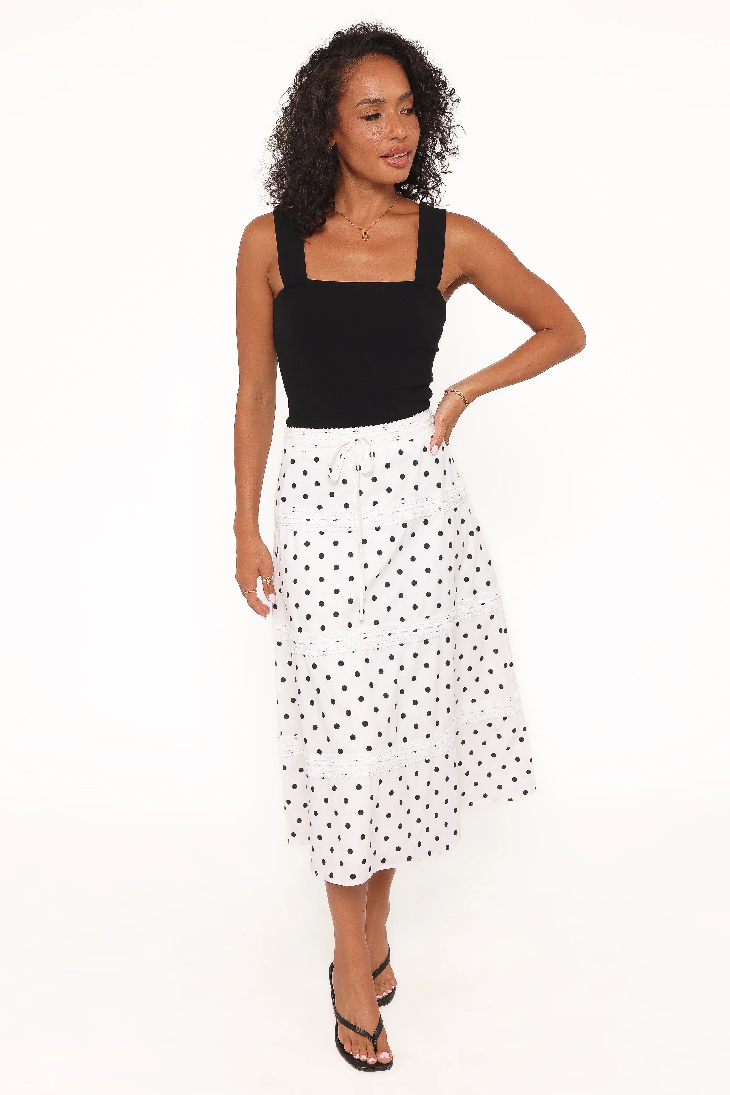 Lucia Tiered Midi Skirt White Polka Dot